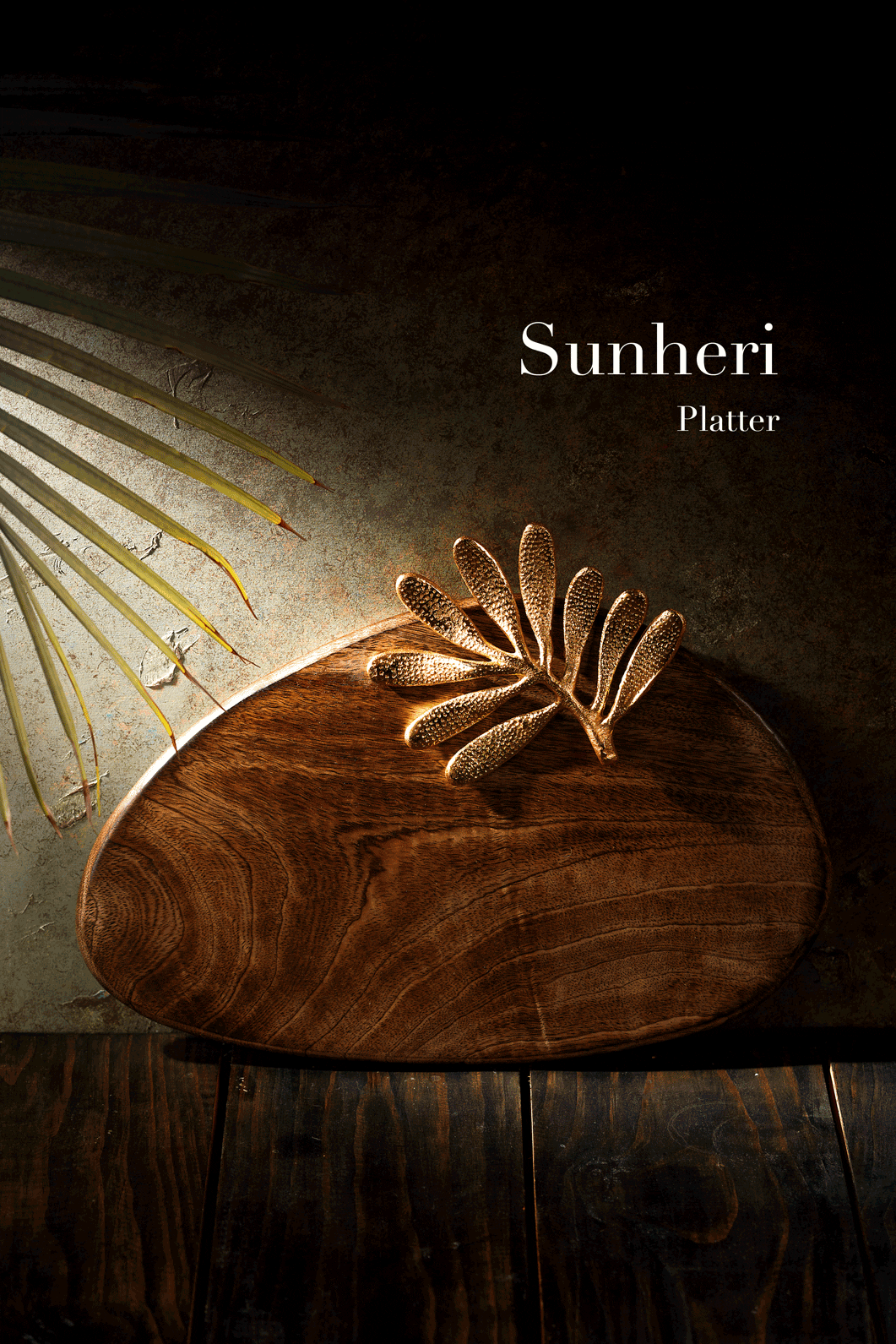 Sunheri - asymmetrical platter with gold leaf motif, a product by Araana Homes