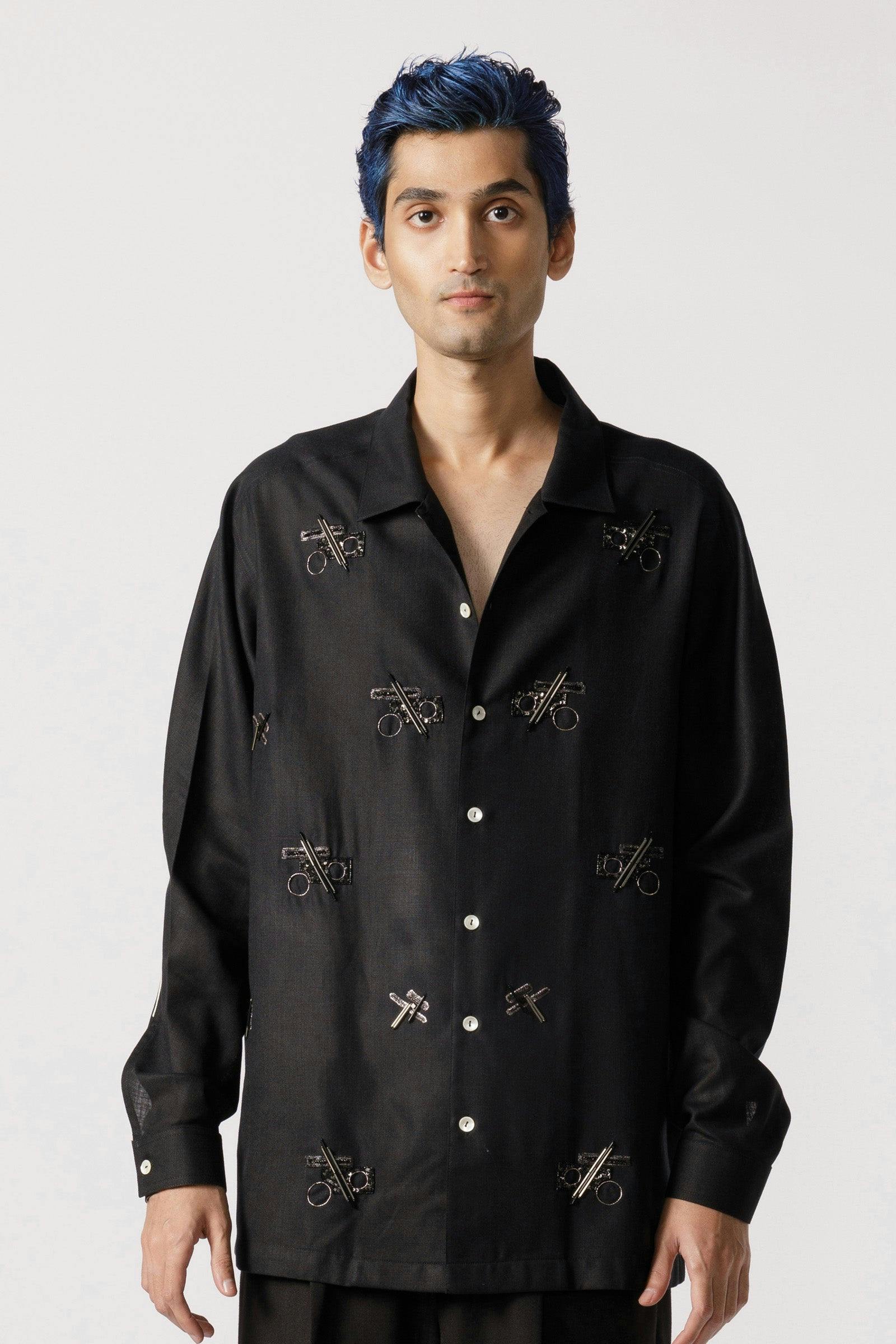 Oversized embroidered shirt(black), a product by Line Outline