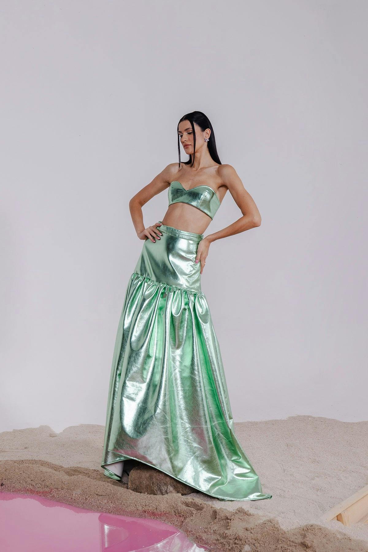 NAIA GREEN METALLIC BRALETTE & LONG SKIRT, a product by July Issue