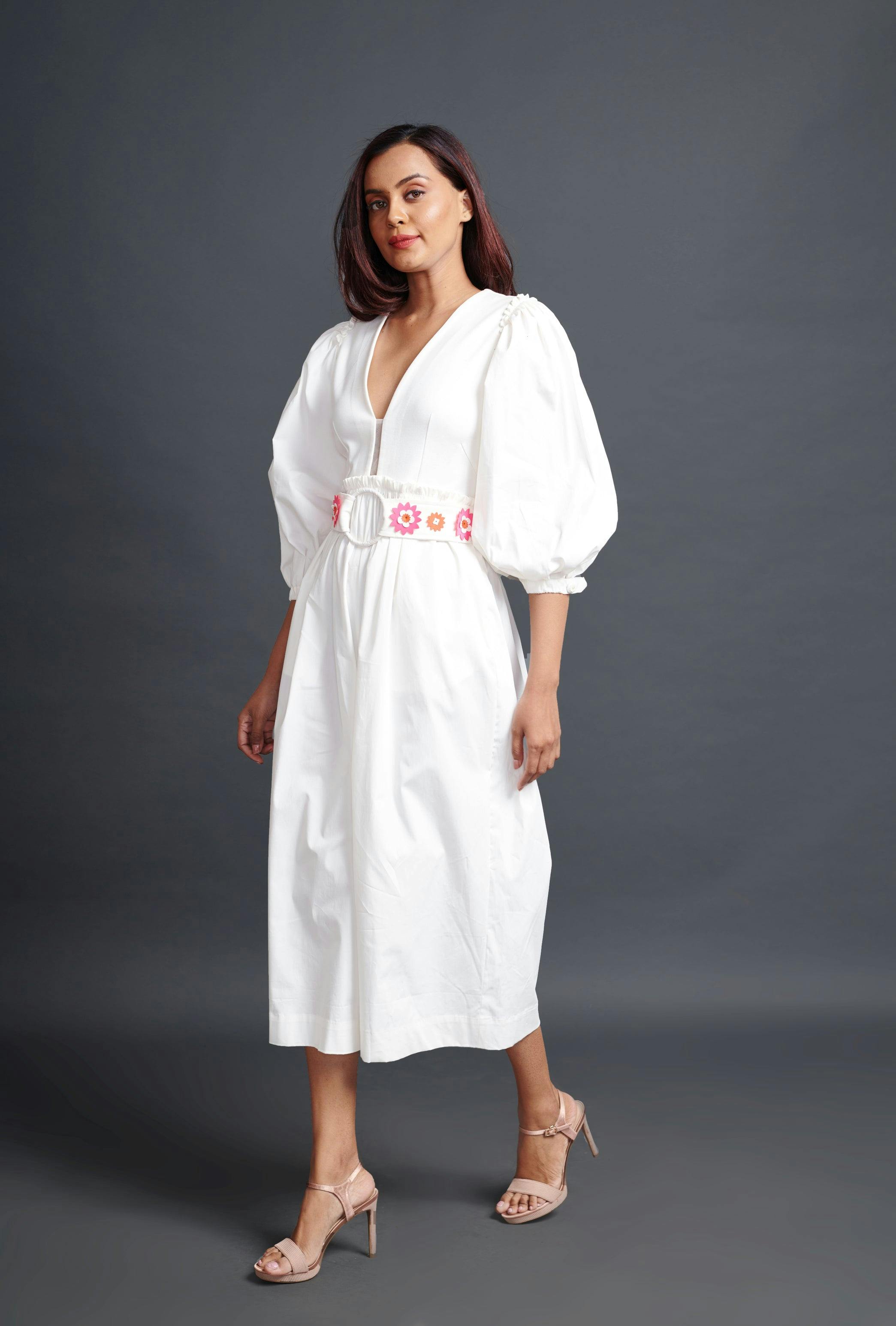 WF-1124-WHITE ::: White Monochrome Jumpsuit With Belt, a product by Deepika Arora