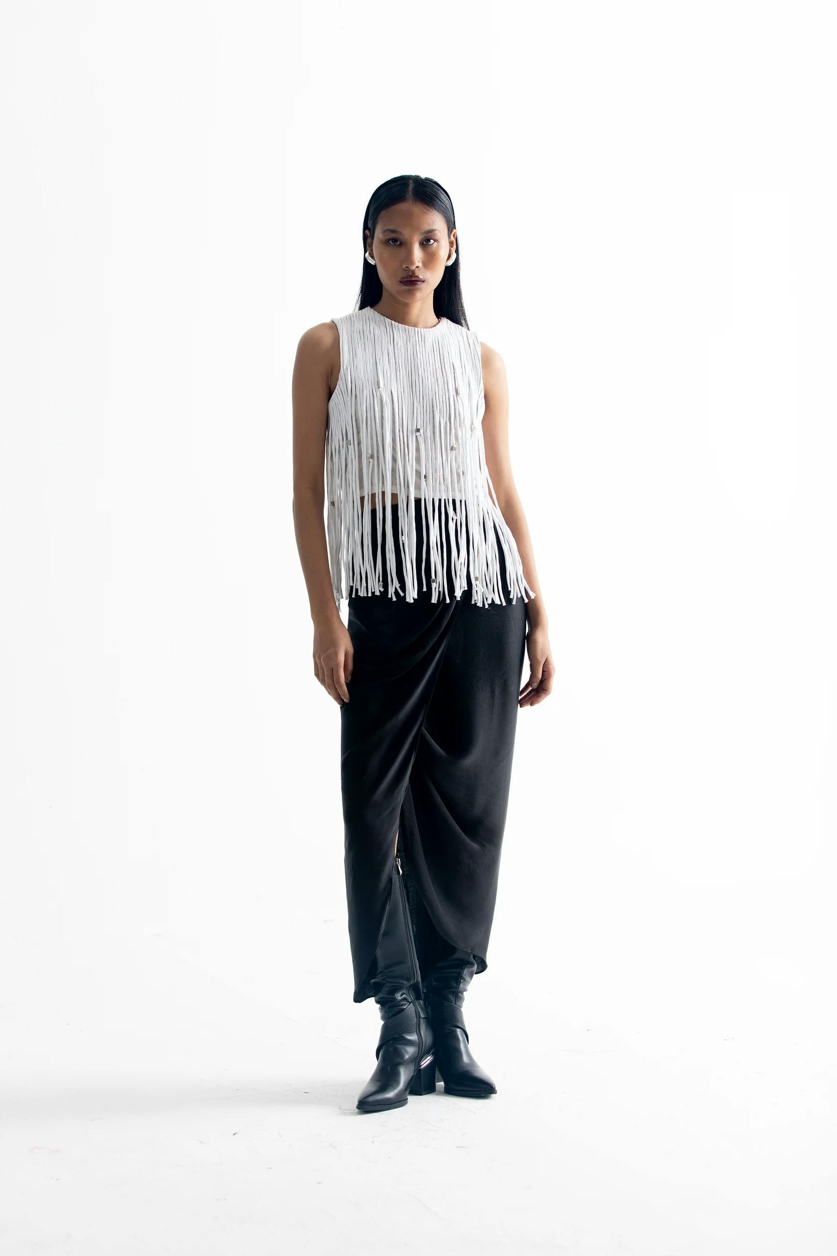 Black overlap drape skirt, a product by Corpora Studio