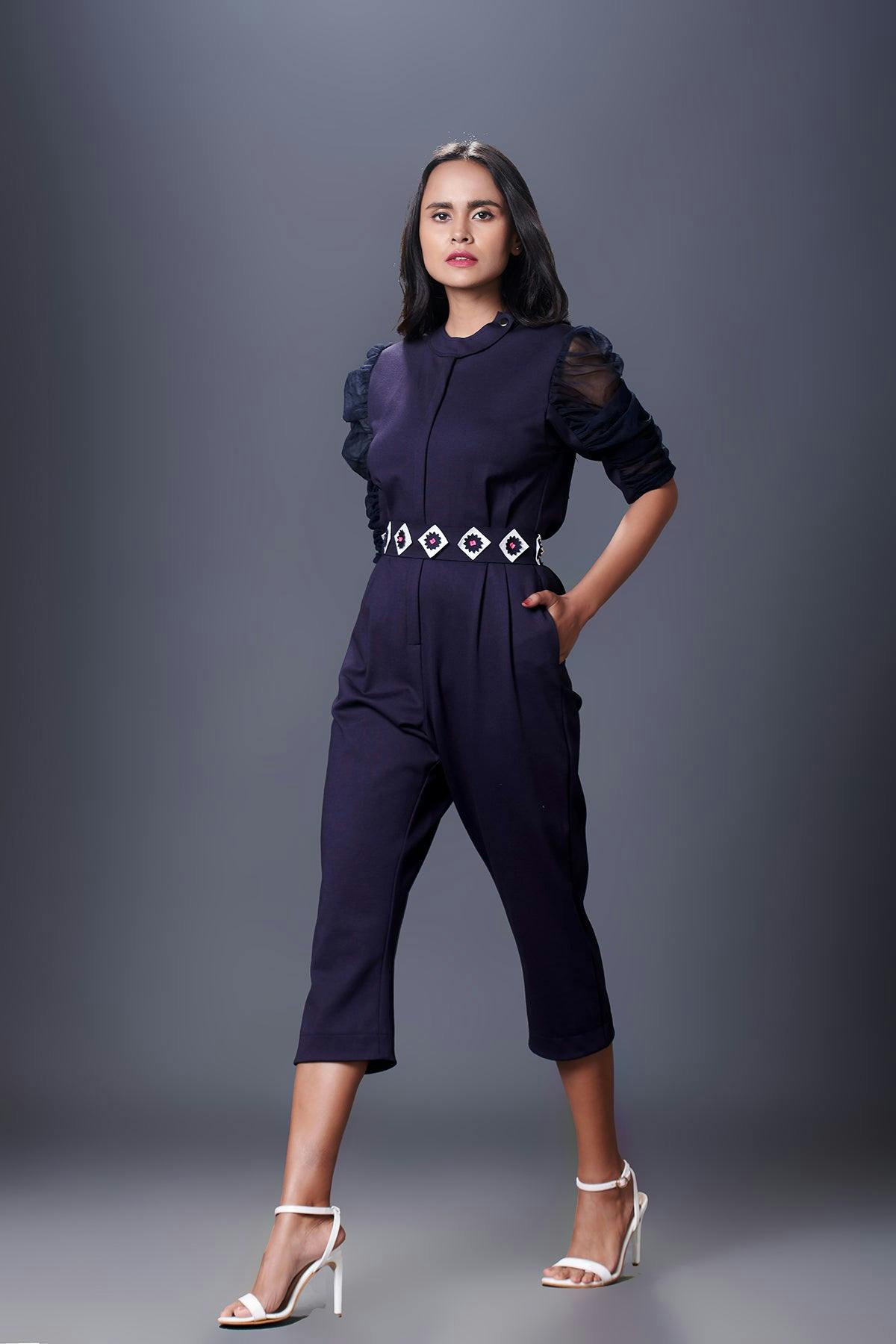 WF-1141 - Puffed Sleeves Jumpsuit With Front Metal Zipper Comes With Belt, a product by Deepika Arora