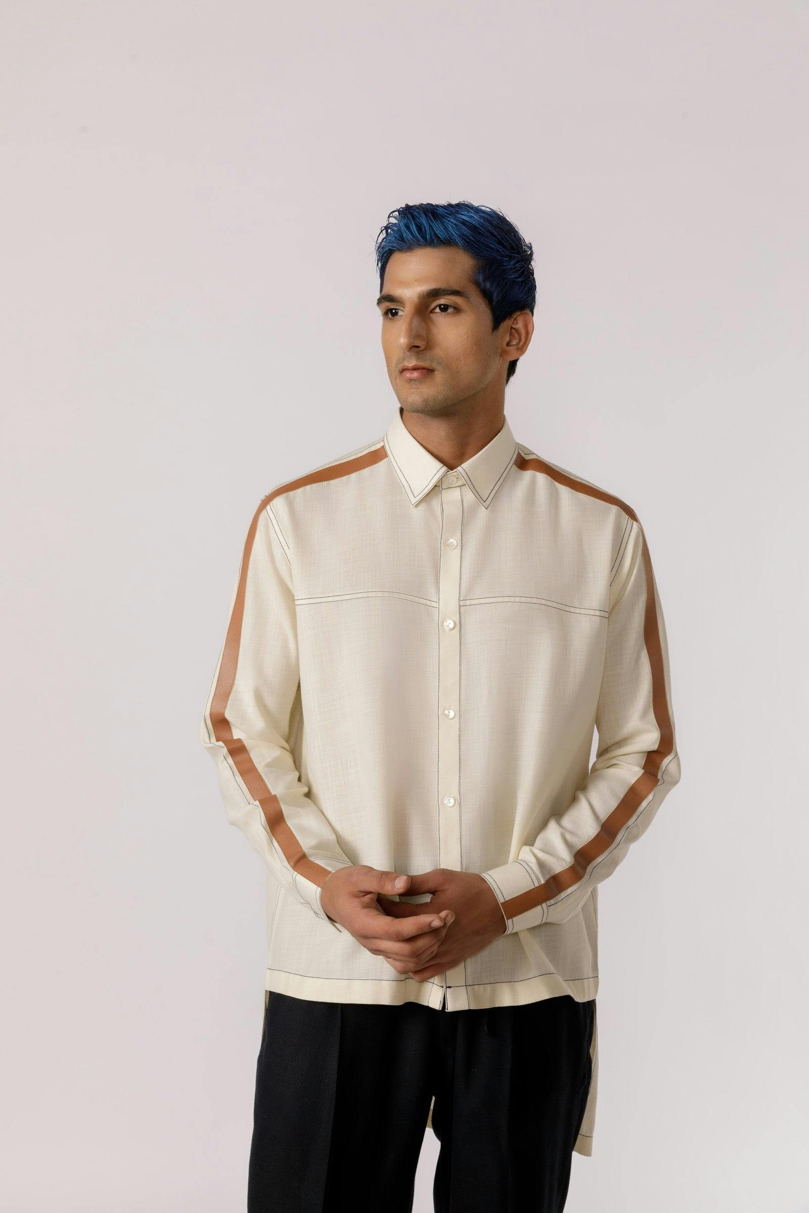Leather accent high - low shirt, a product by Line Outline