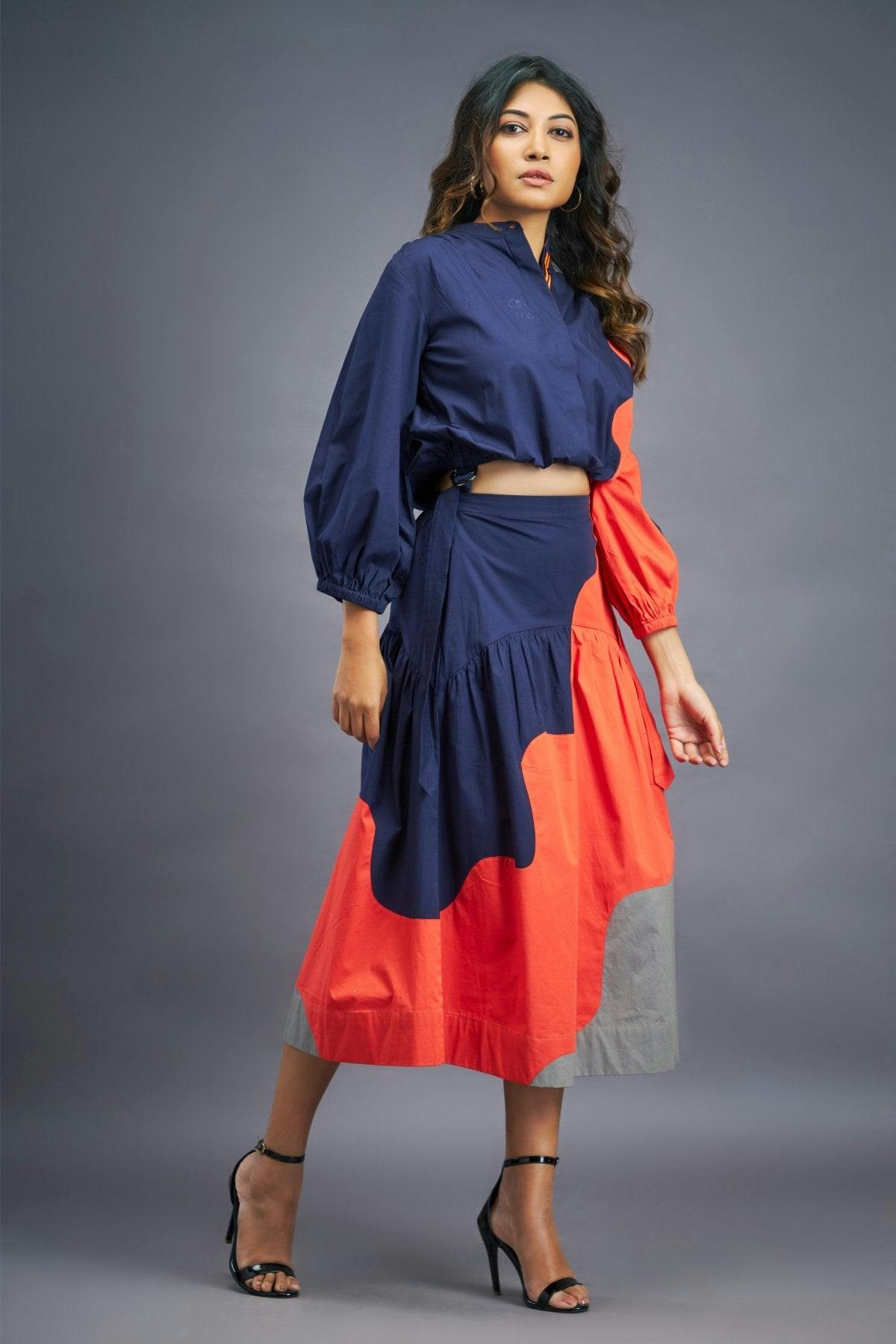 BB-1109-OG - Navy Blue Orange Shirt & Skirt Co-ord Set, a product by Deepika Arora