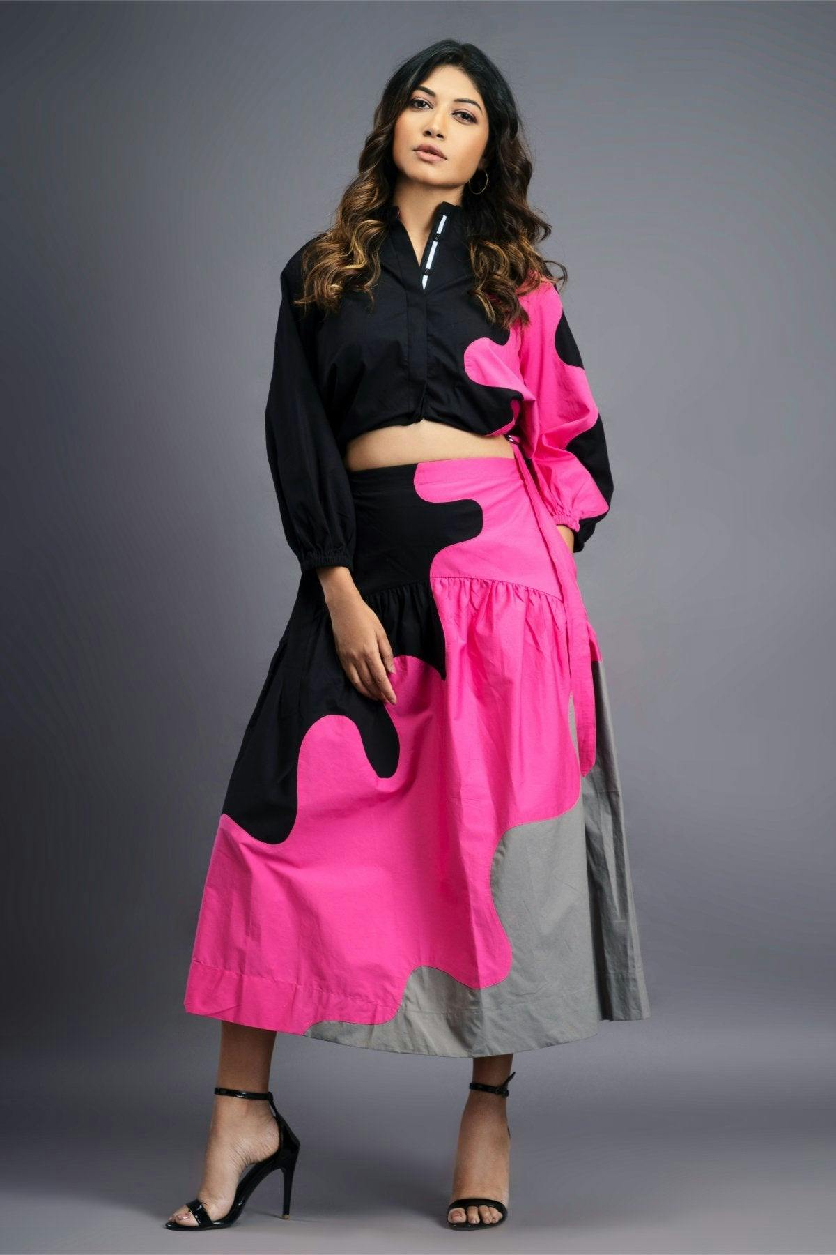 BB-1109-PG - Black Pink Shirt & Skirt Co-ord Set, a product by Deepika Arora