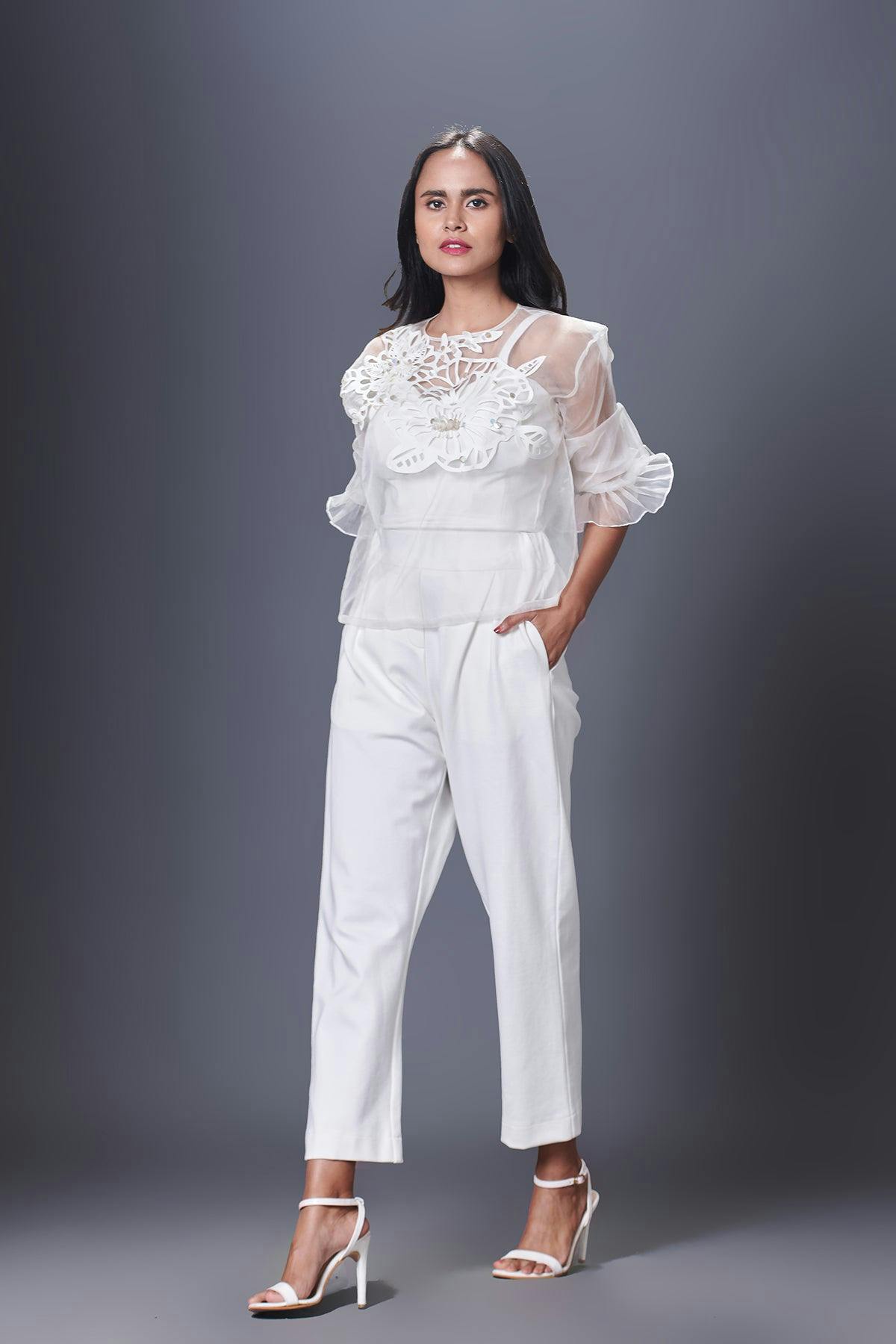 NN-1137-W - Organza Embroidered Top With Pants Set, a product by Deepika Arora