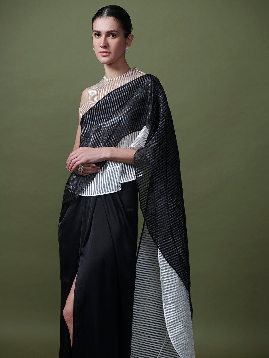 Wavy black and white saree, a product by Shriya Khanna
