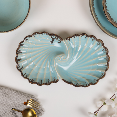 Blue Color Double Shell Shaped Platter with Brown Drops Border, a product by The Golden Theory