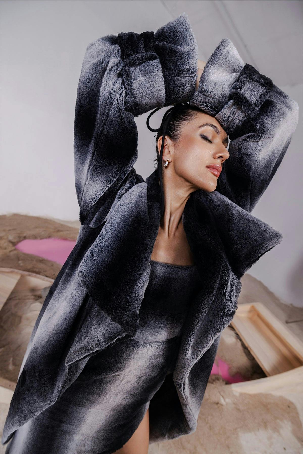 Thumbnail preview #1 for LEONA GREY &  BLACK OVERSIZED FUR JACKET WITH MATCHING ASSYMETTRICAL SHEATH DRESS