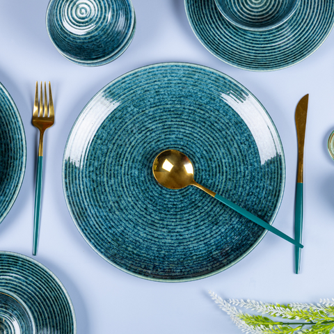 Blue Color Dinner Set with Spiral Design - Set of 18, a product by The Golden Theory