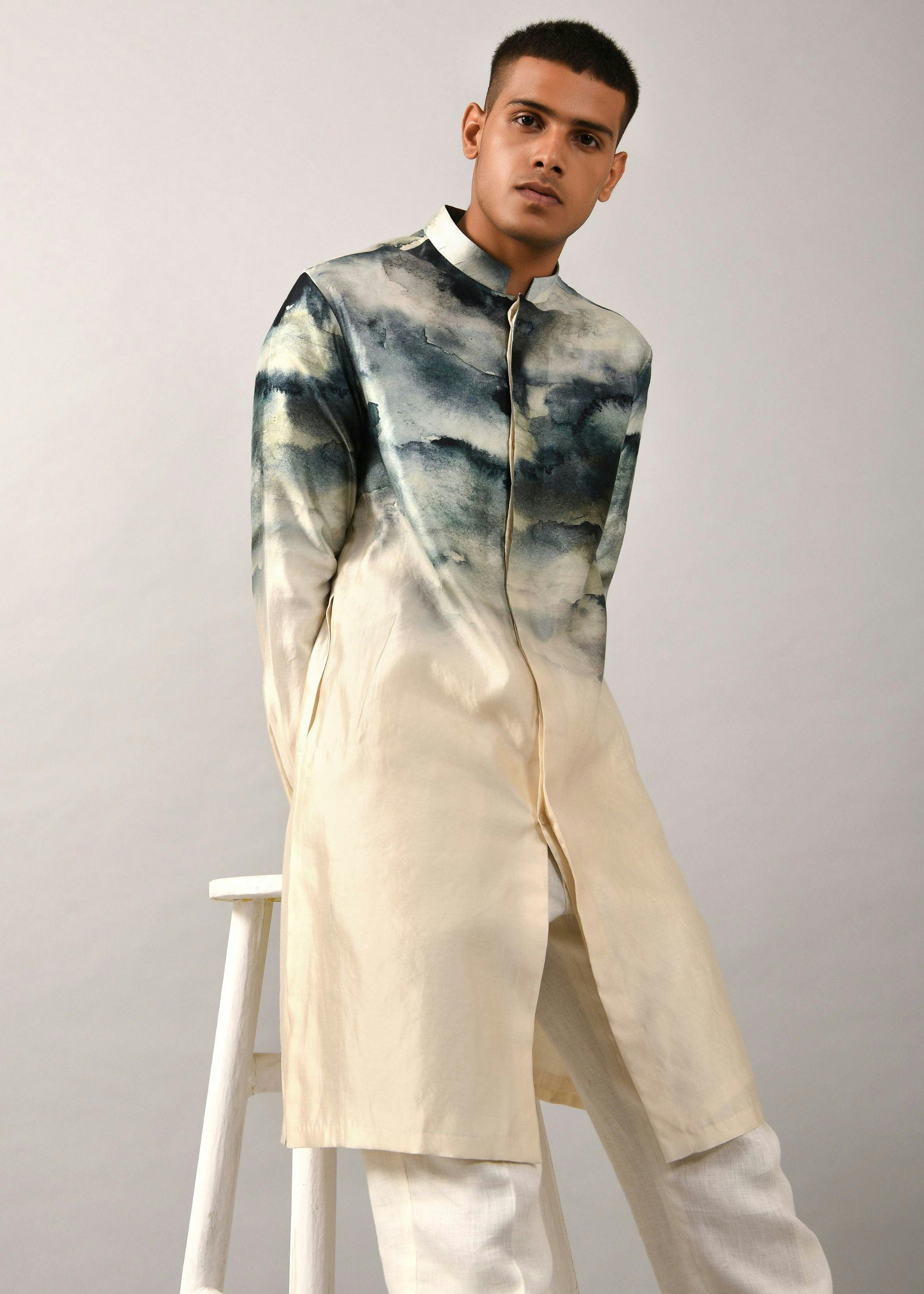 Camouflaged clouds front open Kurta, a product by Country Made