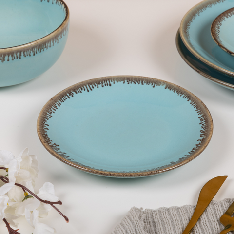 Blue Color Dinner Set with Brown Drops Border - Set of 8, a product by The Golden Theory