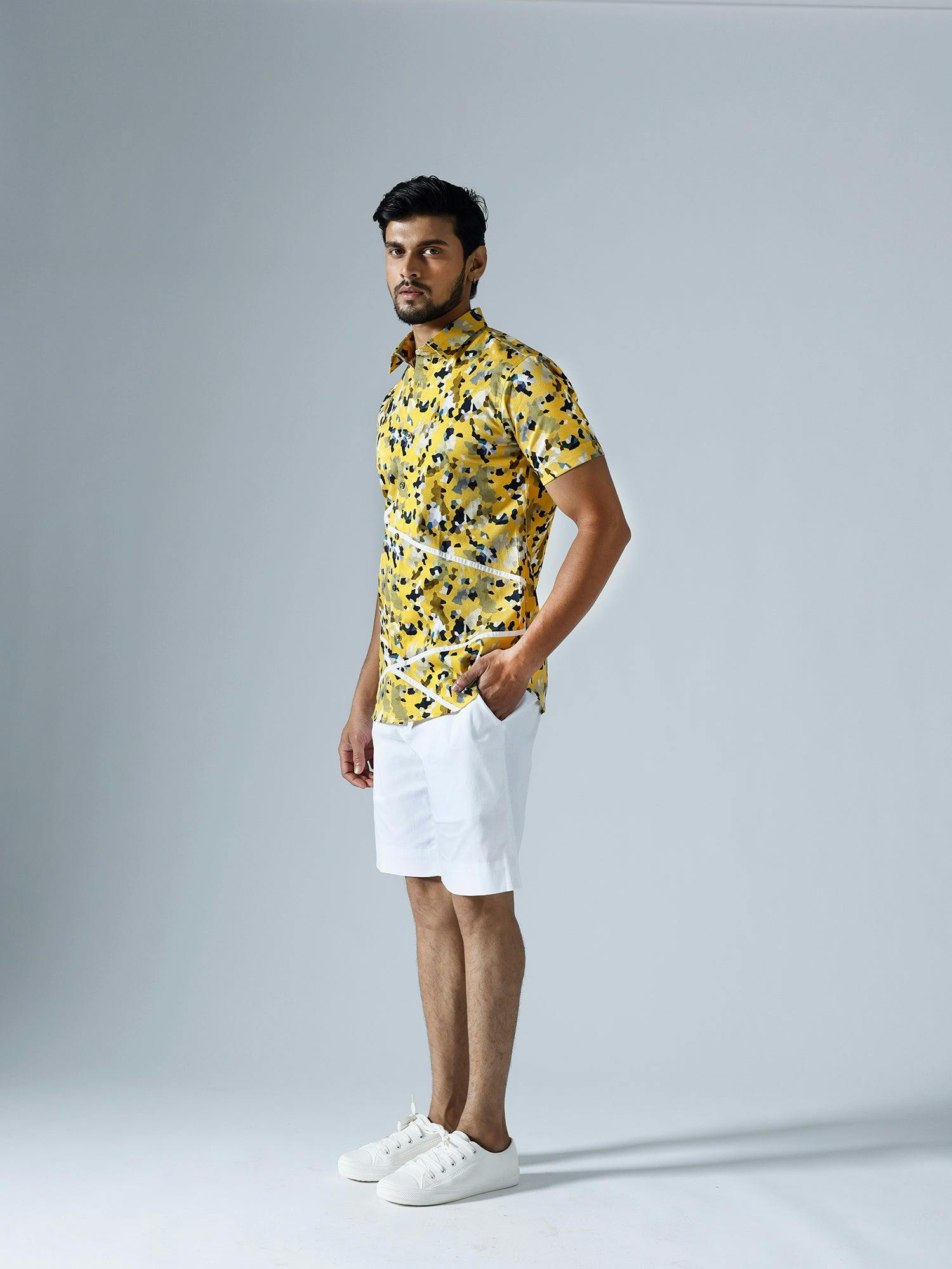 Thumbnail preview #1 for Pixelated Yellow Half sleeves Shirt With White Shorts