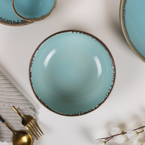 Blue Color Round Serving Bowl with Brown Drops Border, a product by The Golden Theory