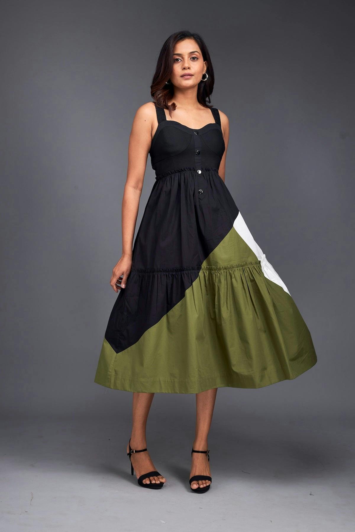 Colour Block Fit & Flare Sleeveless Midi Dress, a product by Deepika Arora