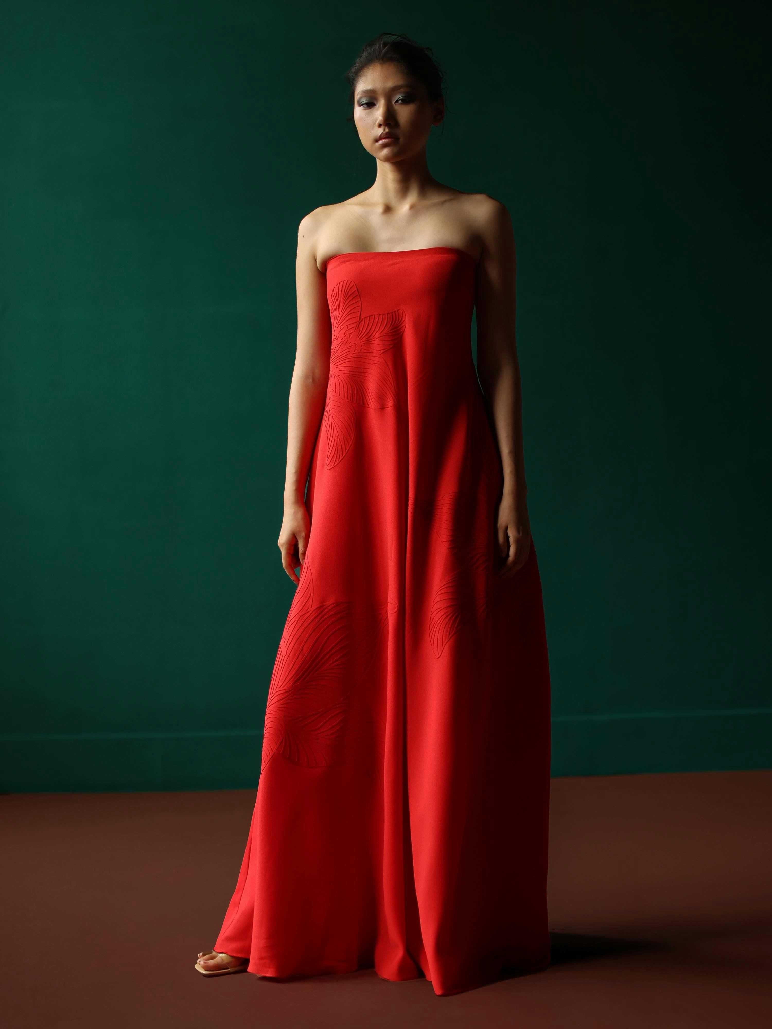 Strapless maxi dress with embossed lillies, a product by Shriya Khanna