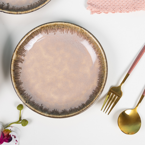 Pink Color Dinner Set with Brown Drops Border - Set of 8, a product by The Golden Theory