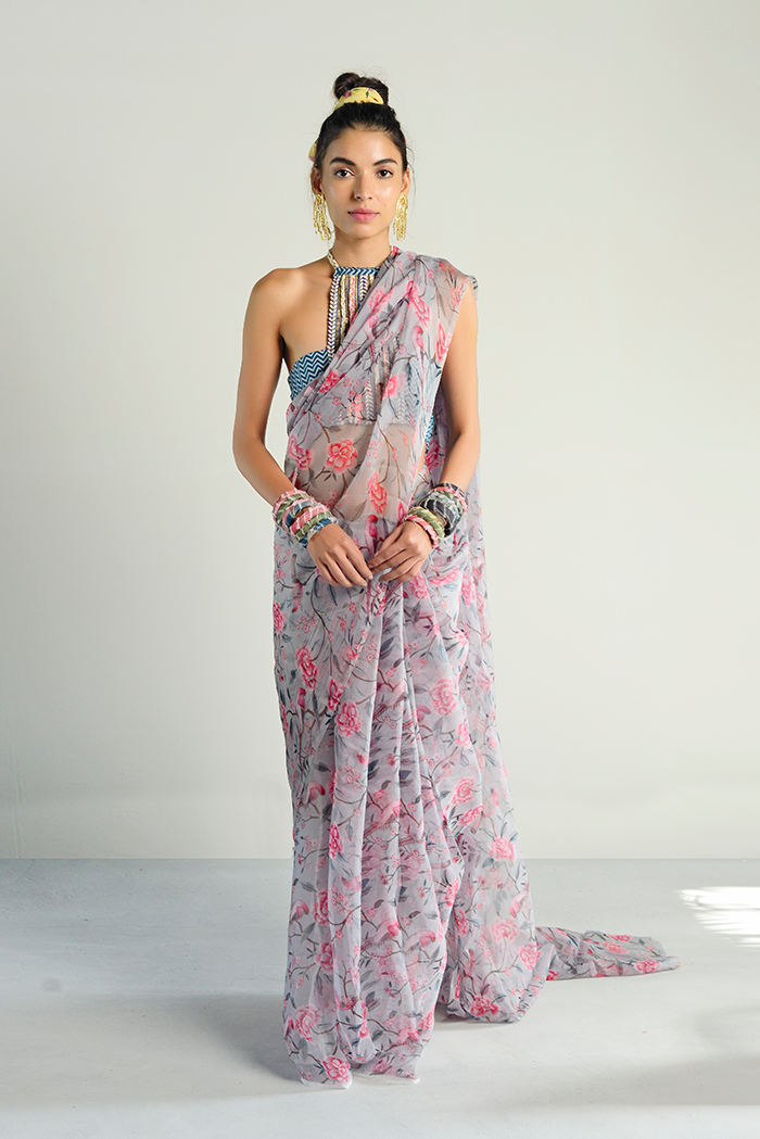 Grey Organza printed saree, a product by Rishi and Vibhuti