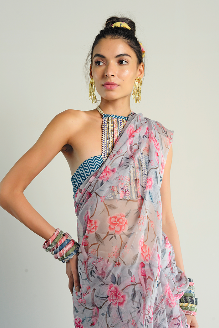 Thumbnail preview #1 for Grey Organza printed saree