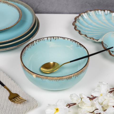 Blue Color Dinner Set with Brown Drops Border - Set of 29, a product by The Golden Theory