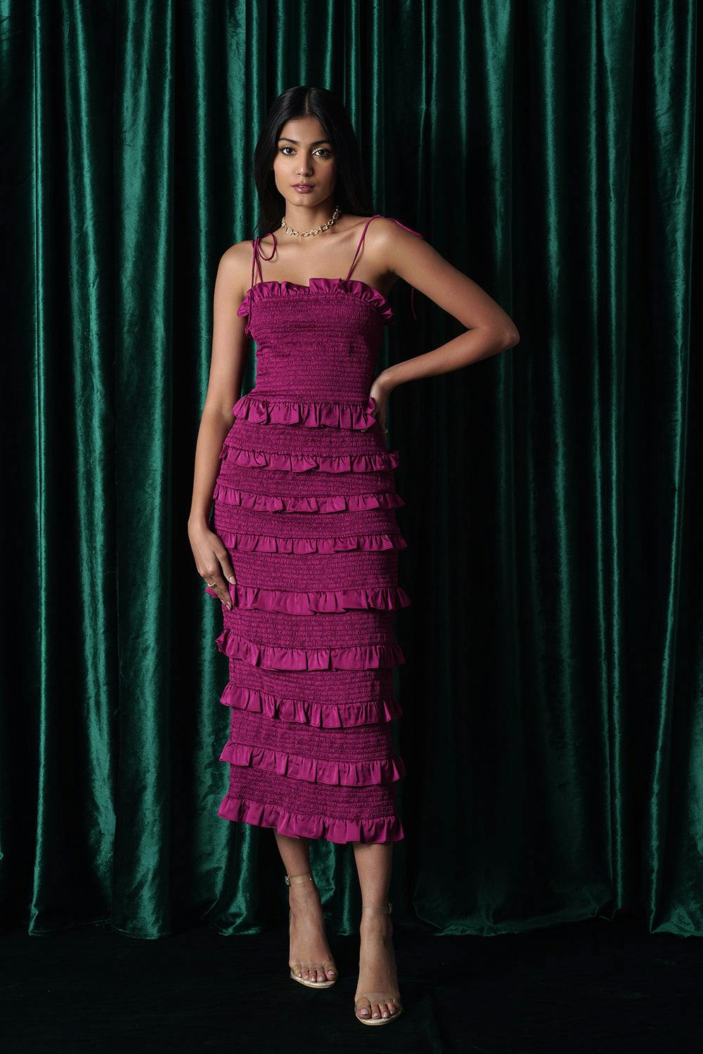 Jessica Smocked Midi Dress-Magenta, a product by Belucci