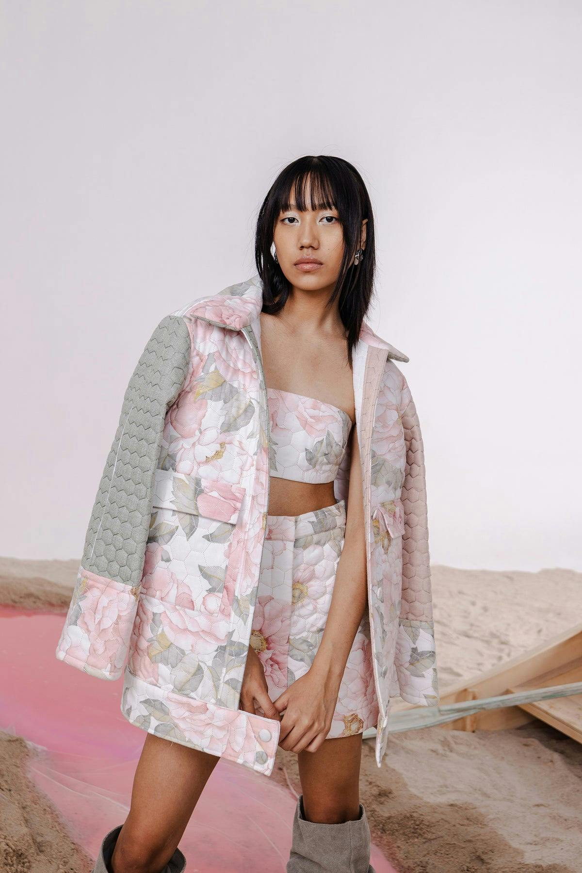 DOVE PASTEL OVERSIZED QUILTED JACKET WITH BANDEAU & MINI SKIRT, a product by July Issue
