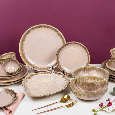 Pink Color Dinner Set with Brown Drops Border - Set of 19, a product by The Golden Theory
