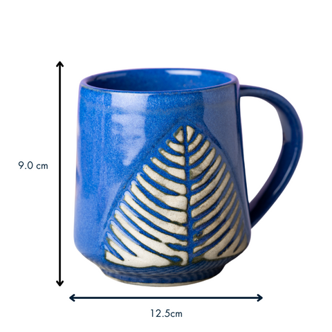 Thumbnail preview #1 for Blue Ceramic Coffee Mug with White Leaf Design