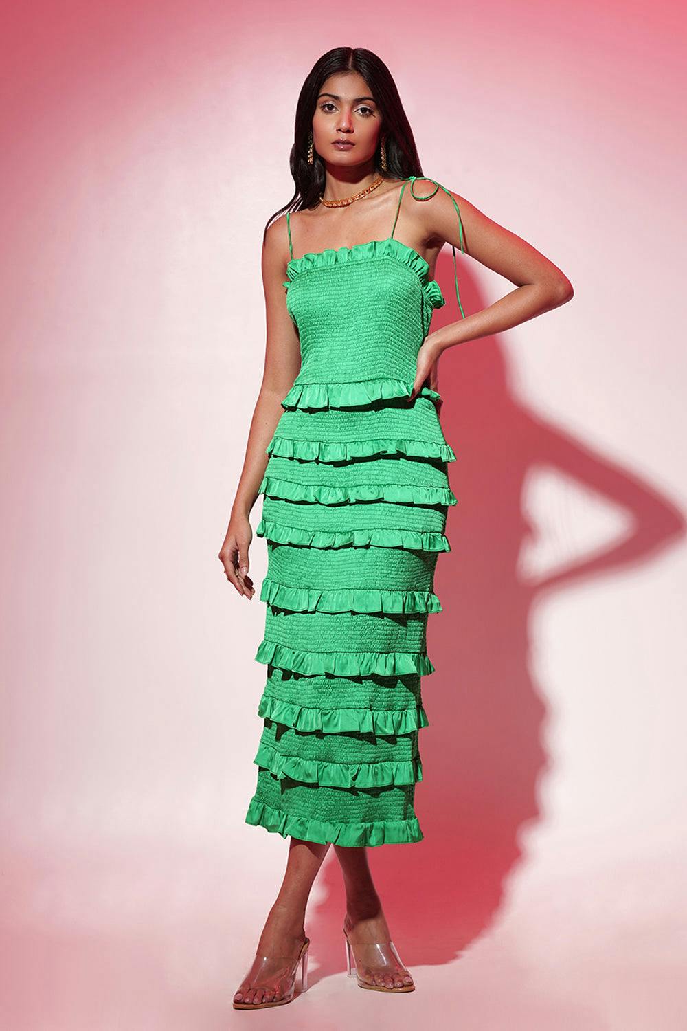 Jessica Smocked Midi Dress-Green, a product by Belucci