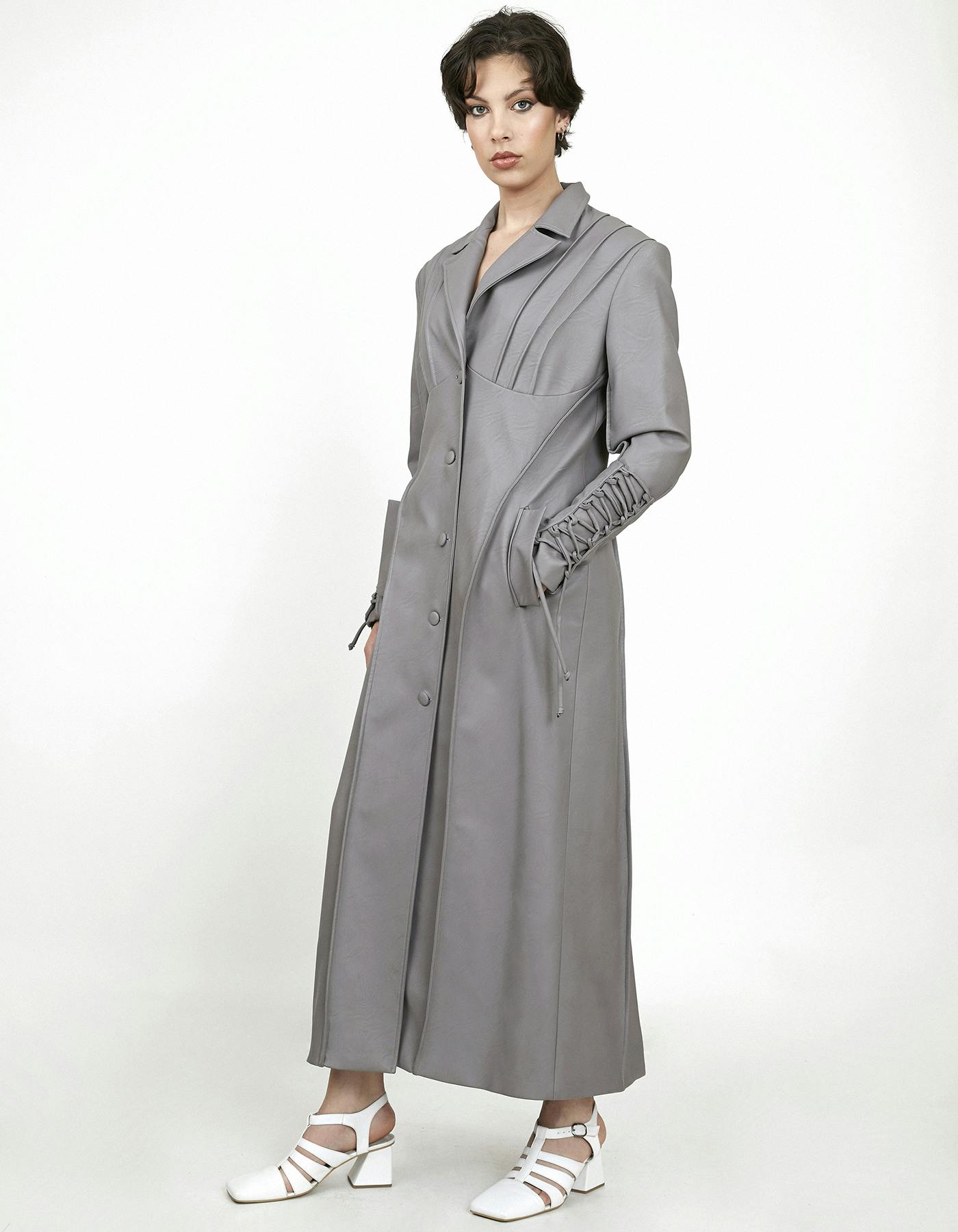 GRAY FAUX LEATHER TRENCH COAT, a product by BLIKVANGER