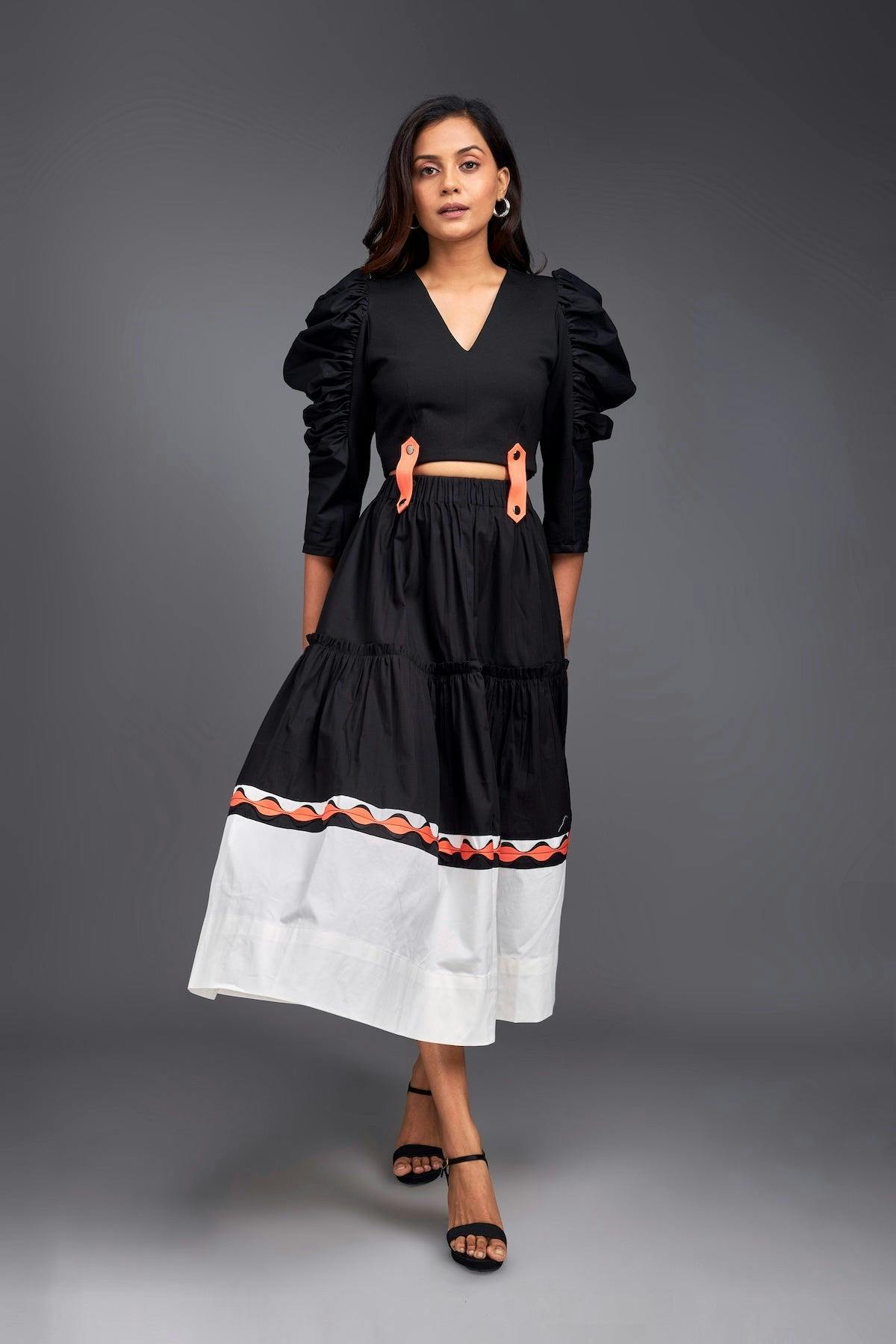 Black & White Colour Block Flared Bottom Skirt & Top With Neon Elements, a product by Deepika Arora