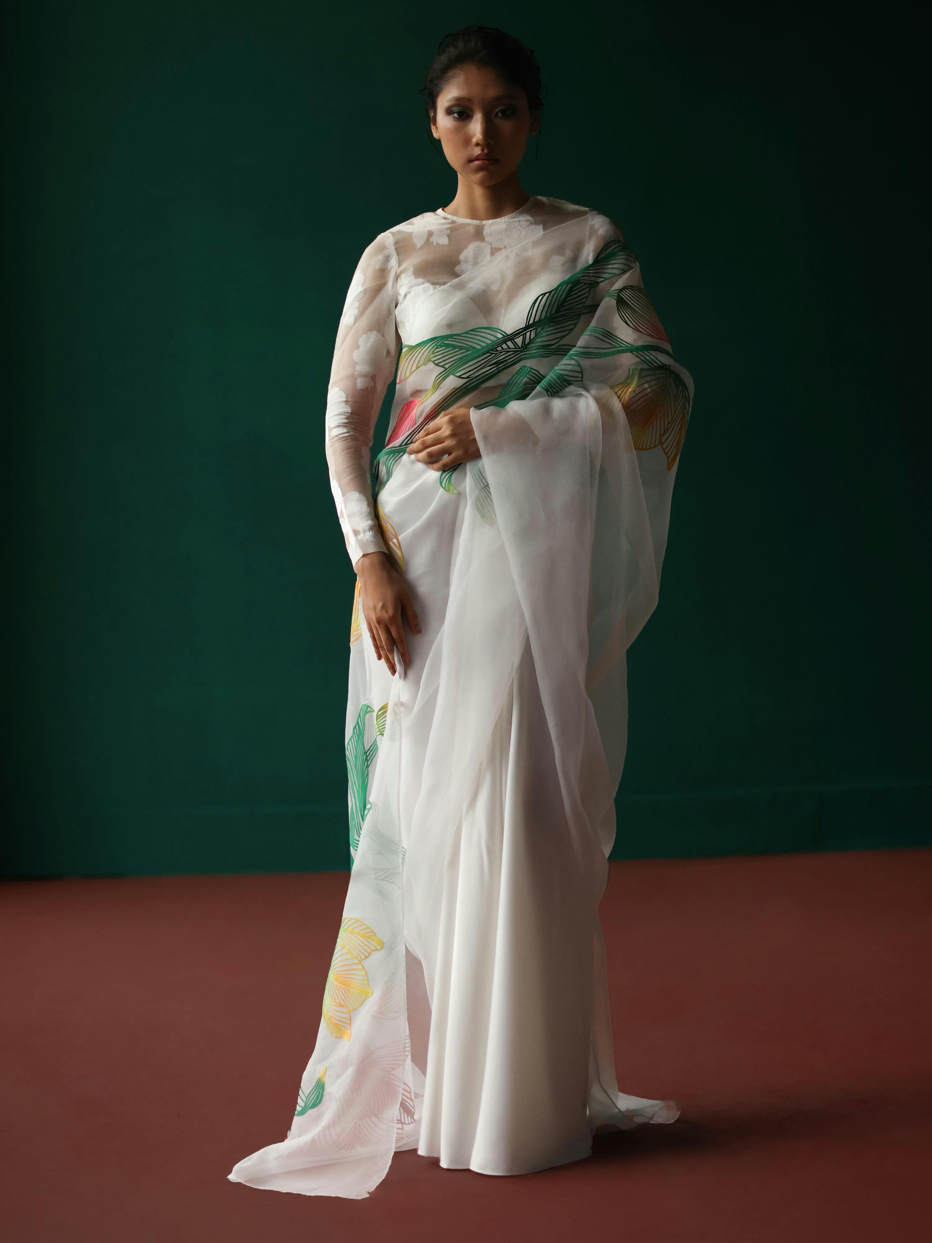 Thumbnail preview #2 for White saree with tulip applique'
