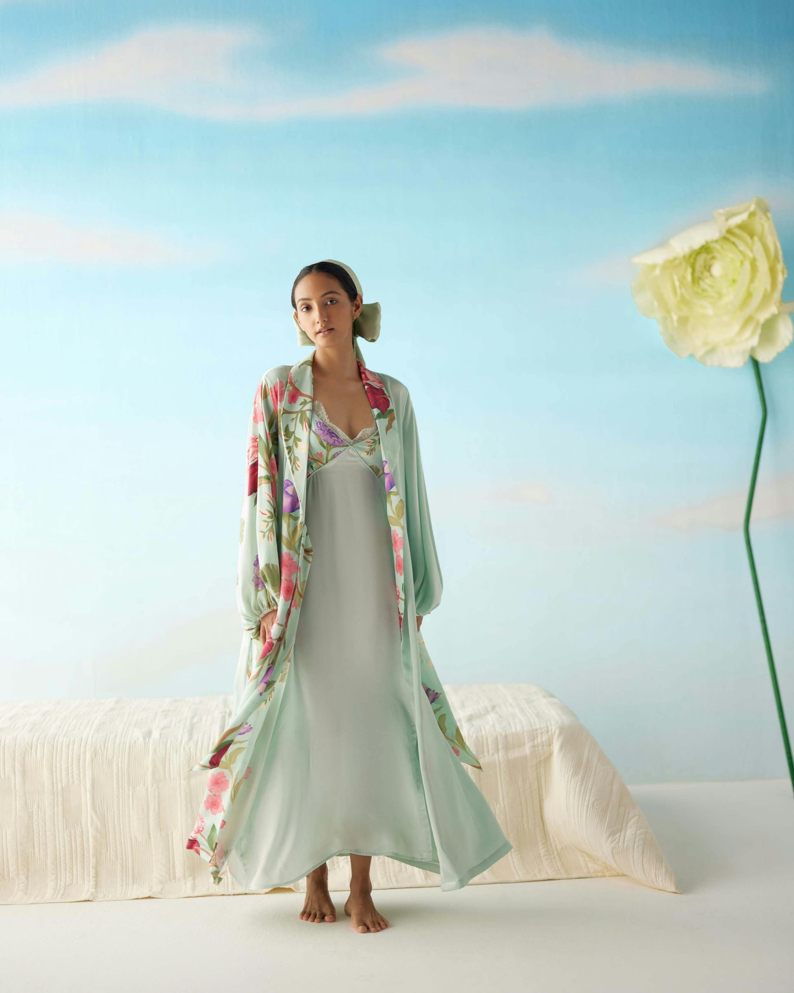 Thumbnail preview #2 for Celeste Floral Dream Silk Robe & Slip Set - Full Length