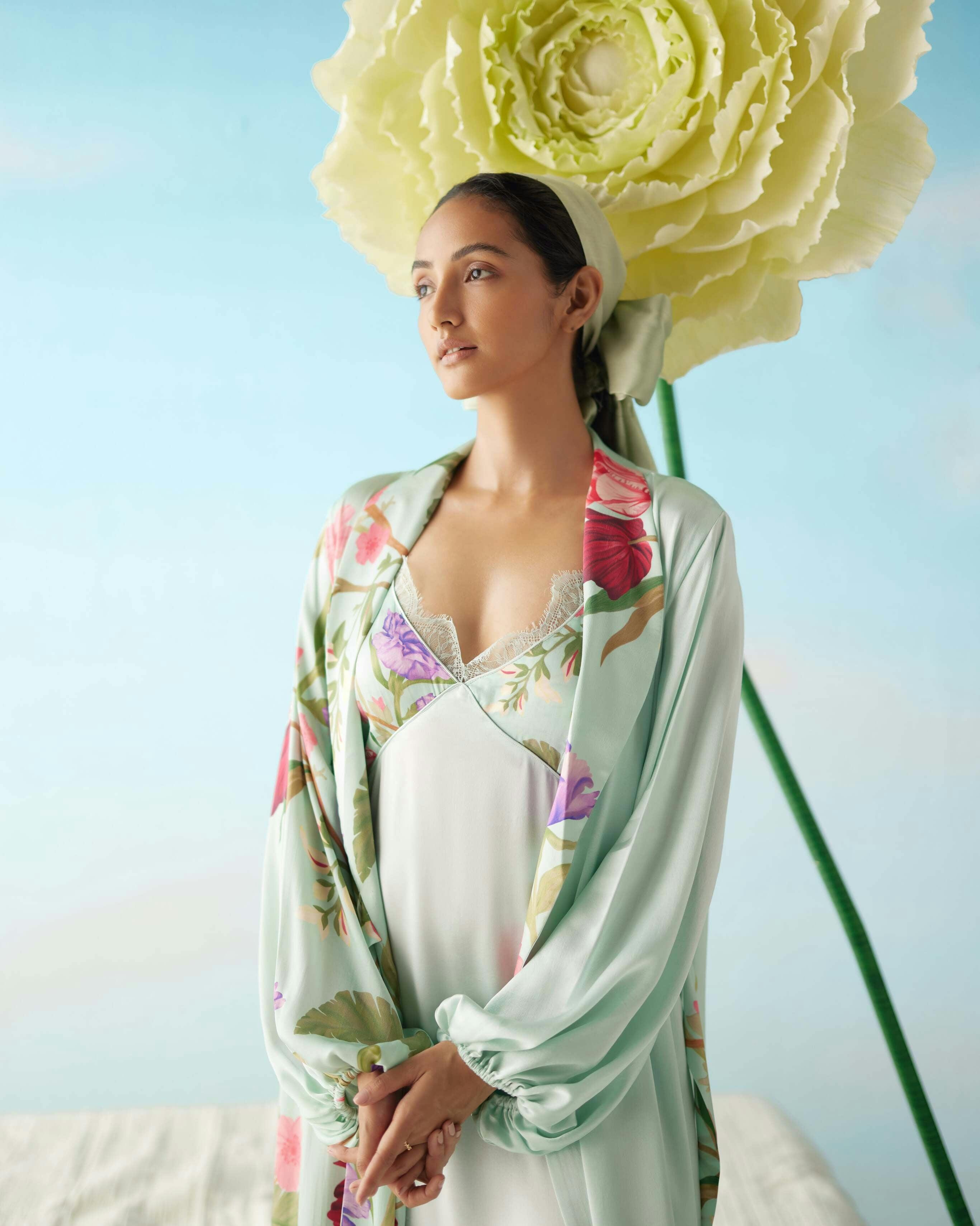 Thumbnail preview #3 for Celeste Floral Dream Silk Robe & Slip Set - Full Length