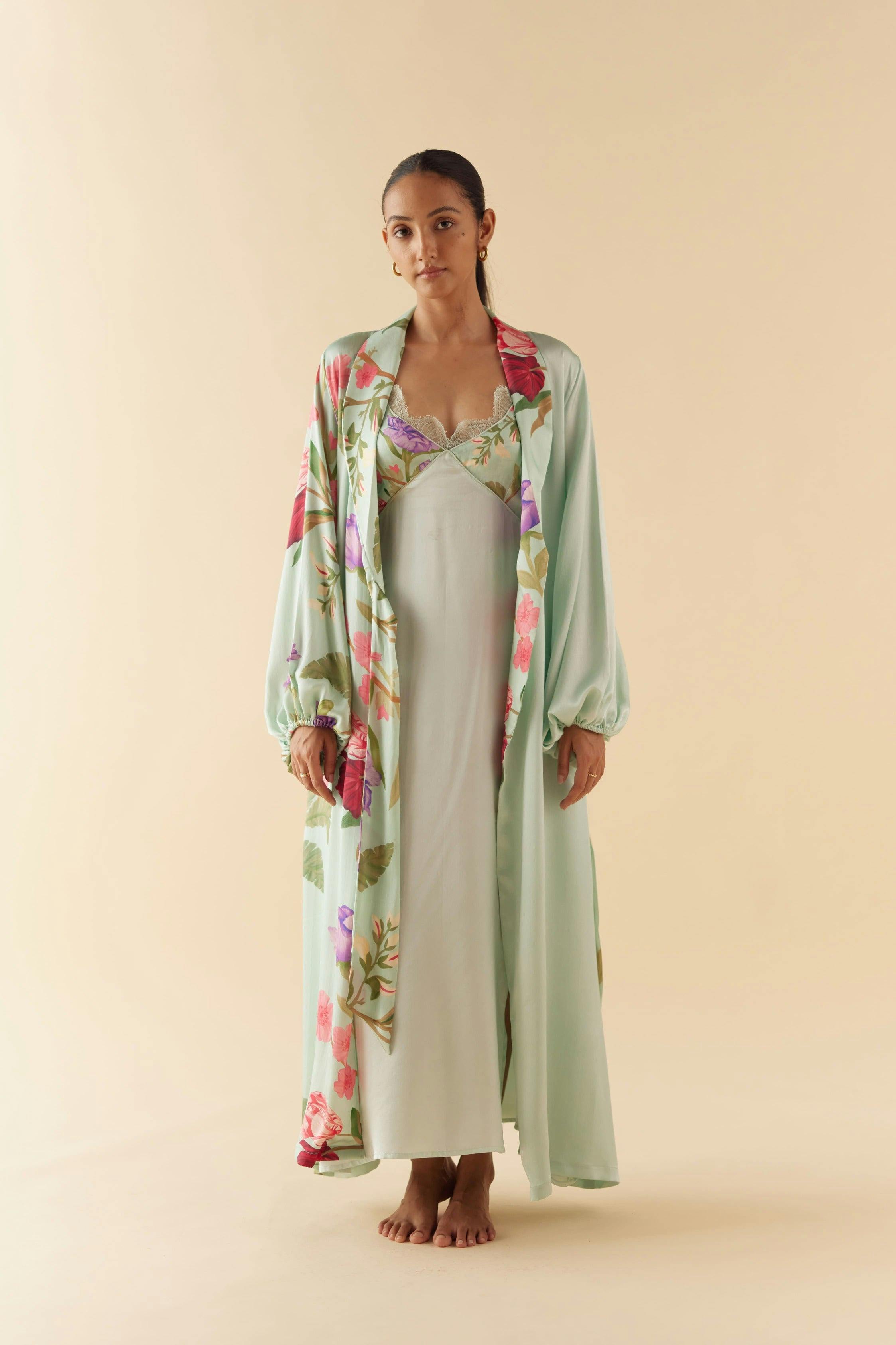 Thumbnail preview #0 for Celeste Floral Dream Silk Robe & Slip Set - Full Length