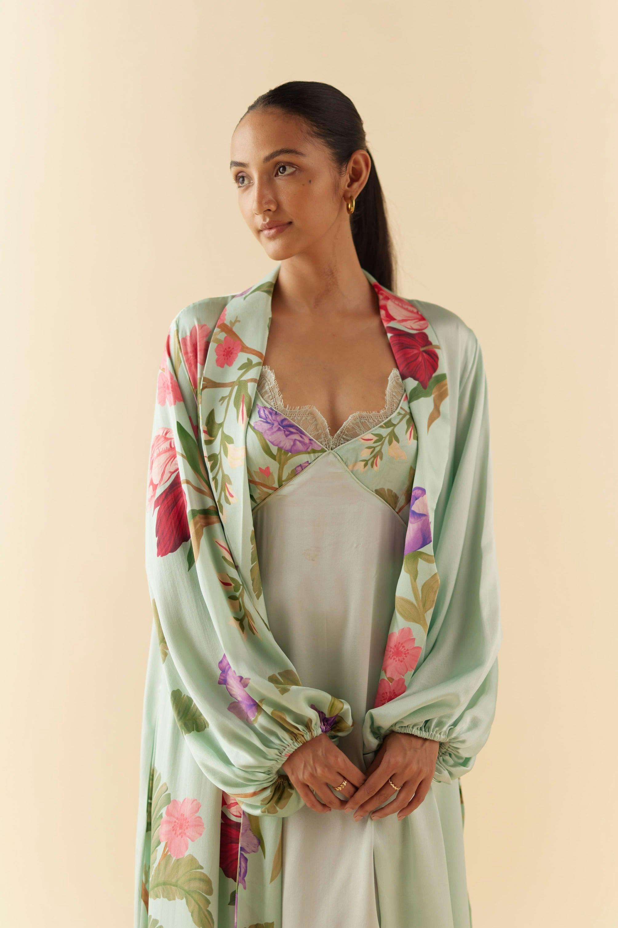 Thumbnail preview #1 for Celeste Floral Dream Silk Robe & Slip Set - Full Length