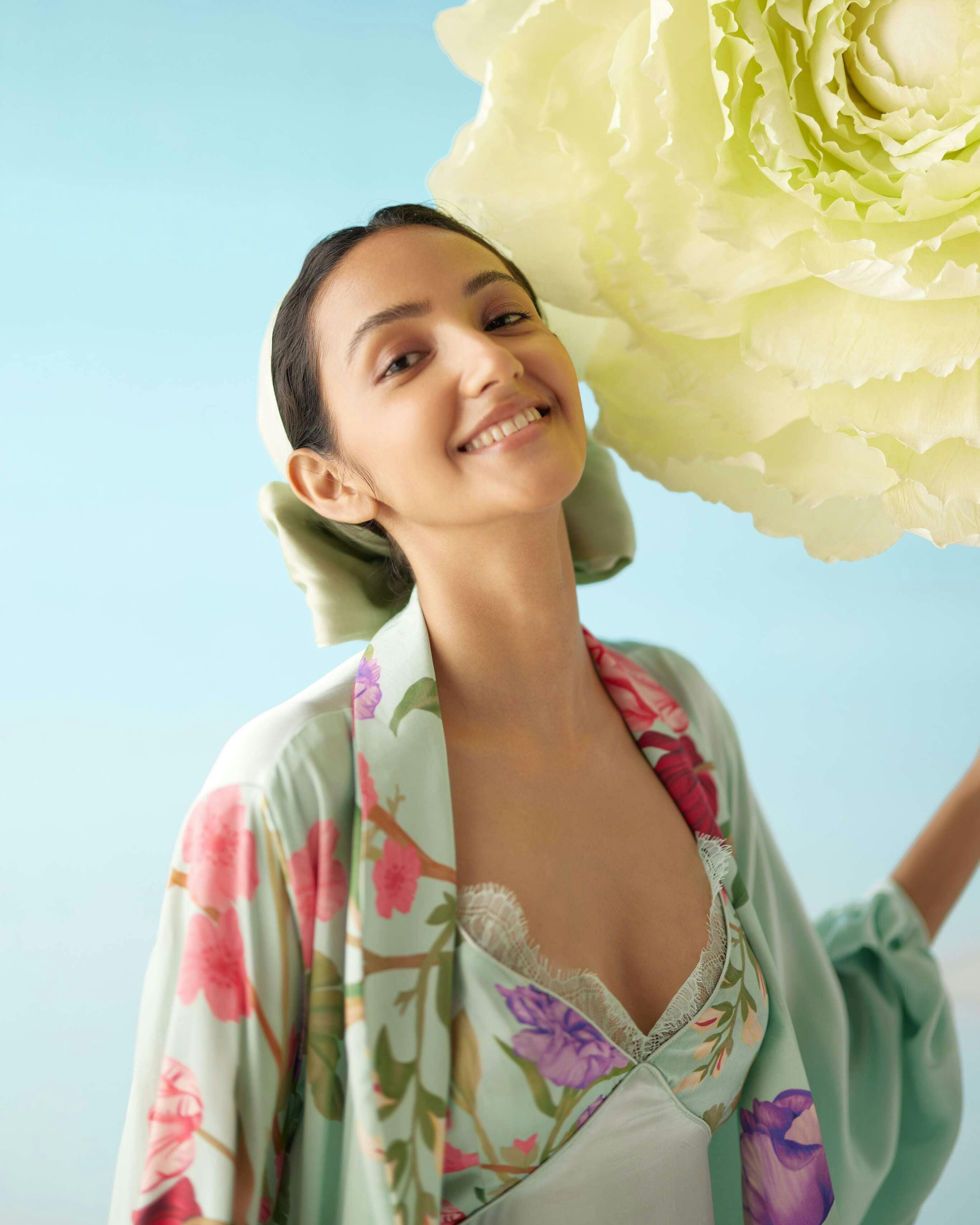 Thumbnail preview #4 for Celeste Floral Dream Silk Robe & Slip Set - Full Length