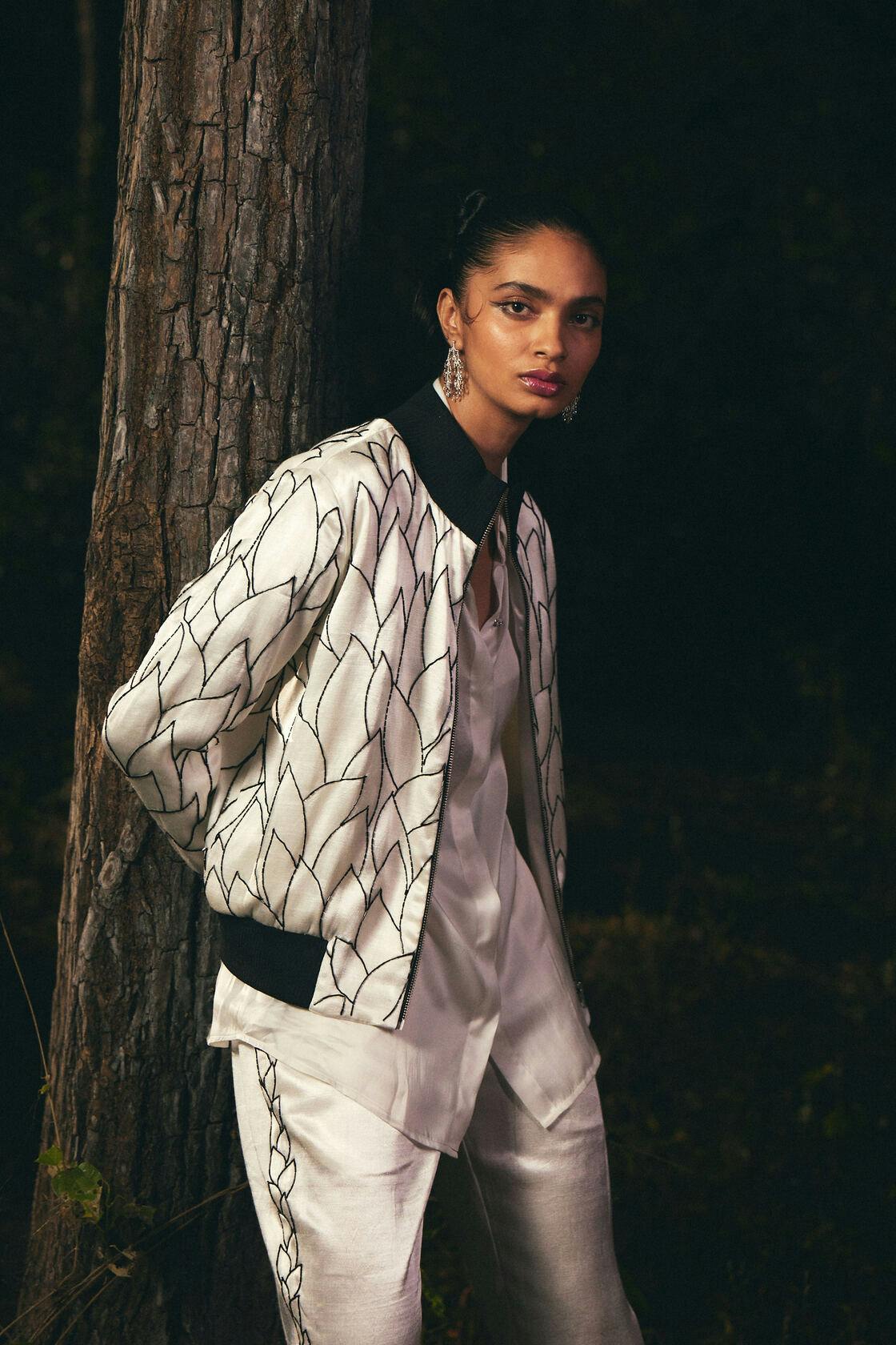 White bomber with leaf embroidery, a product by Redefine by RD