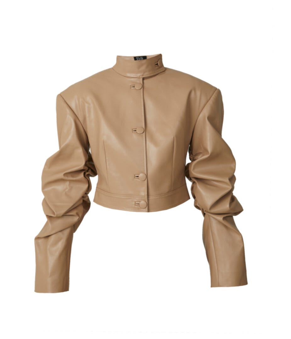 Beige faux leather cropped blazer, a product by BLIKVANGER