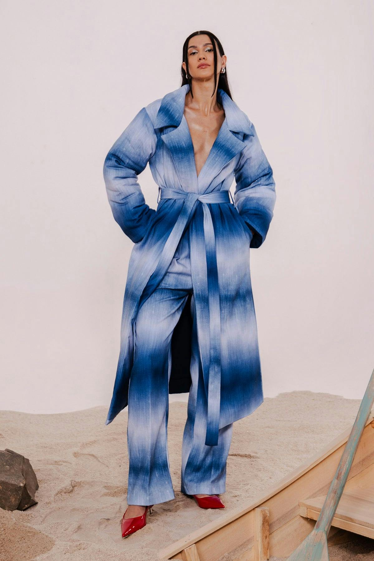 LENNON ICED BLUE LONG PUFFER BLAZER WITH MATCHING PANTS, a product by July Issue