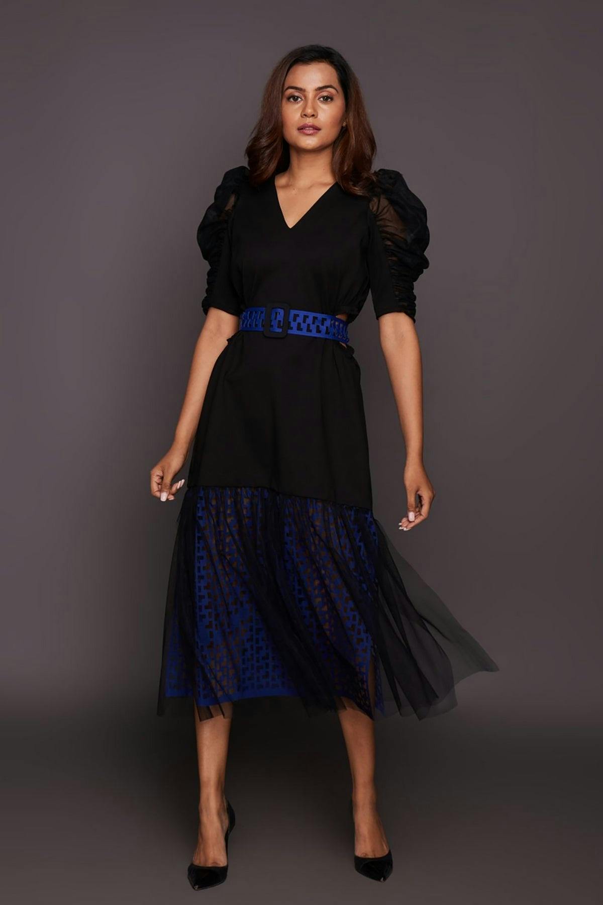 F2-1101-BLUE - Black Neon Bottom Cutwork Dress With Belt, a product by Deepika Arora