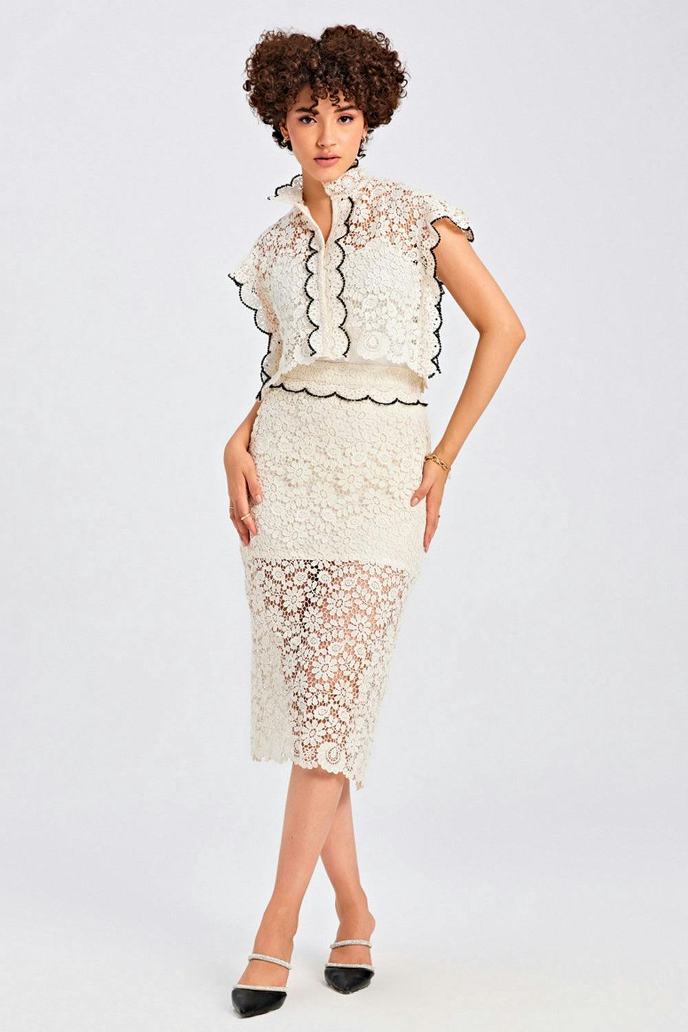 Ivory and Black Lace Top & Skirt Set, a product by Saltz n sand 