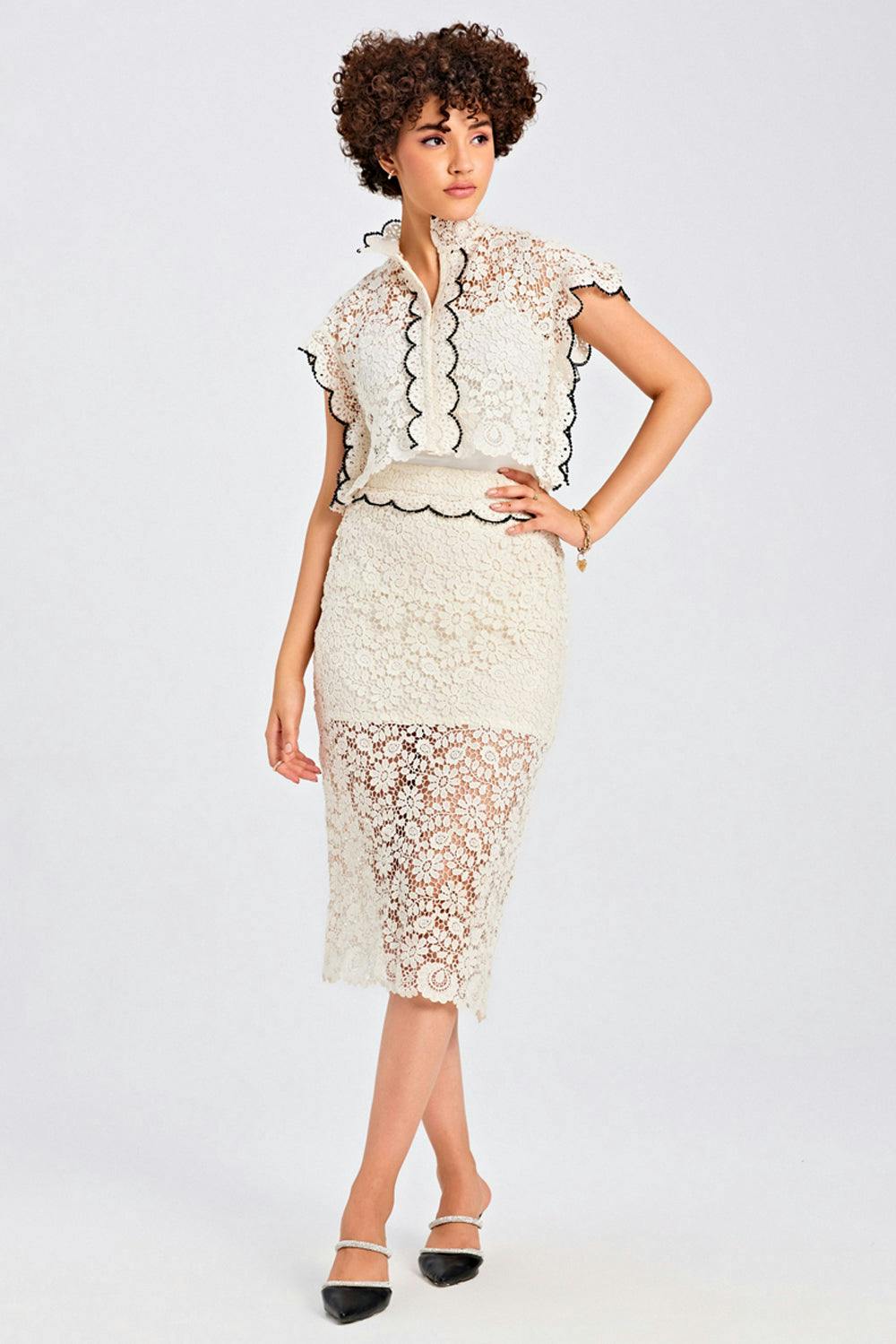 Thumbnail preview #2 for Ivory and Black Lace Top & Skirt Set