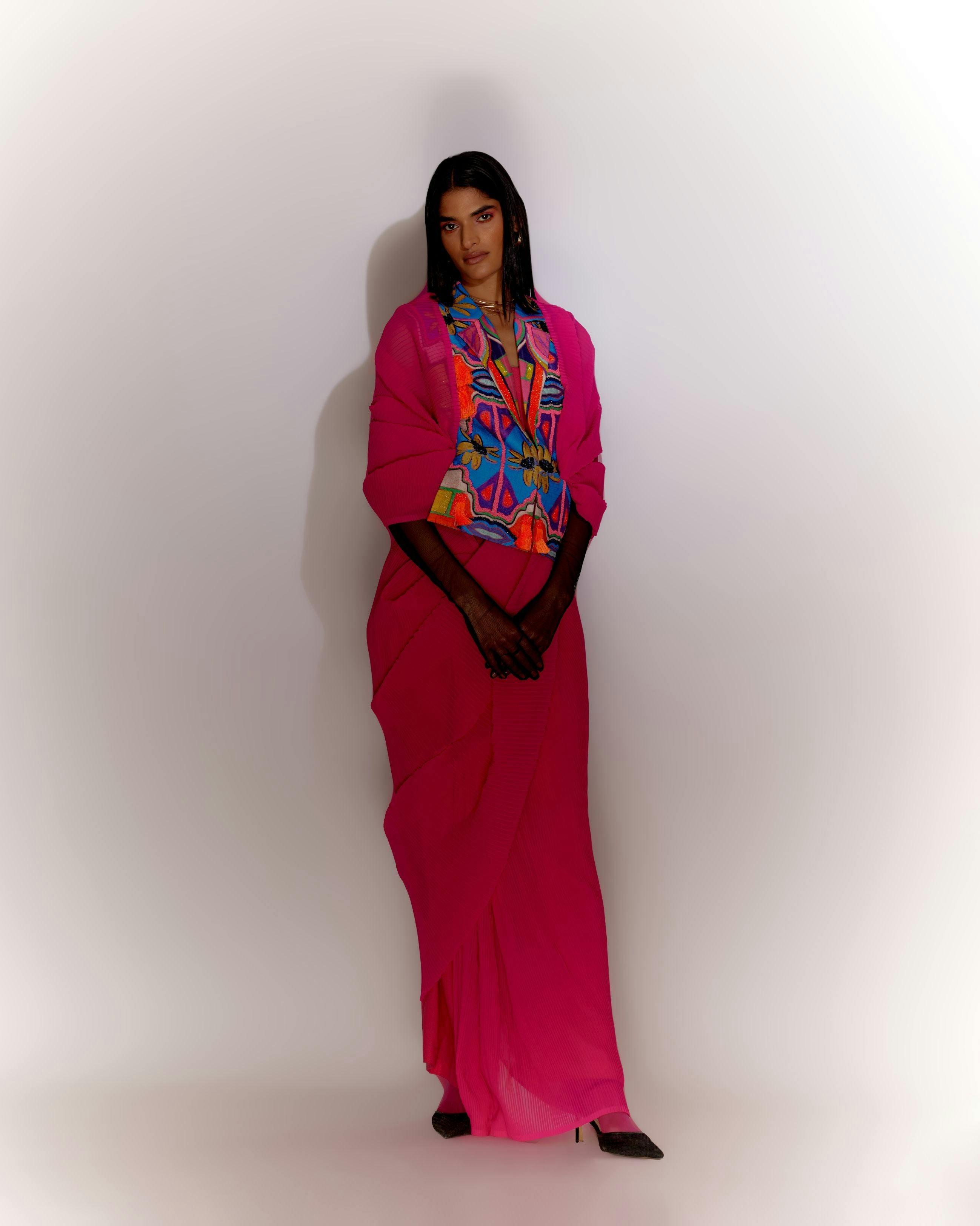 Thumbnail preview #4 for Fringe Jacket Printed with Saree Drape