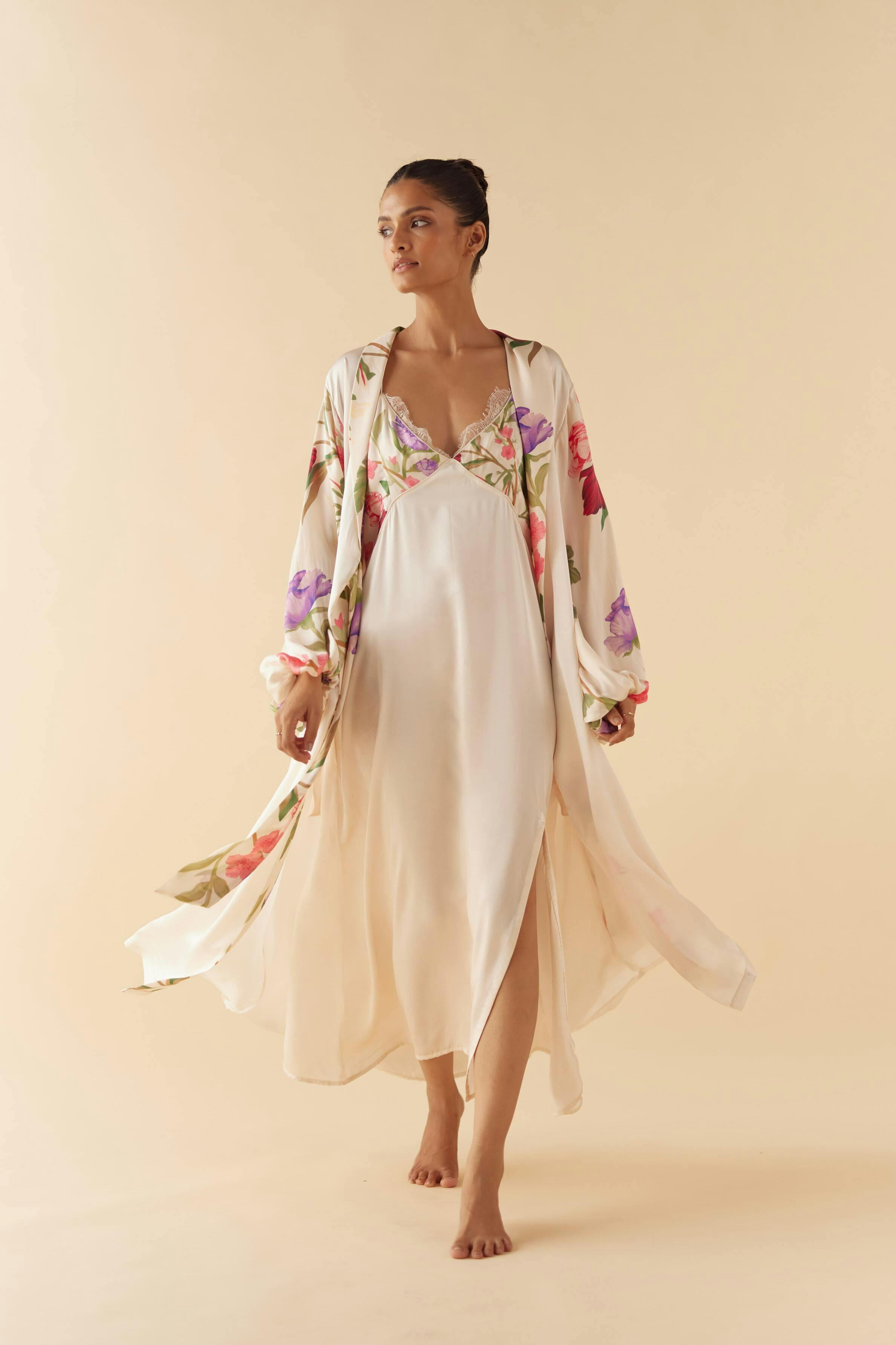 Thumbnail preview #0 for Floral Dream Silk Robe & Slip Set - Full Length