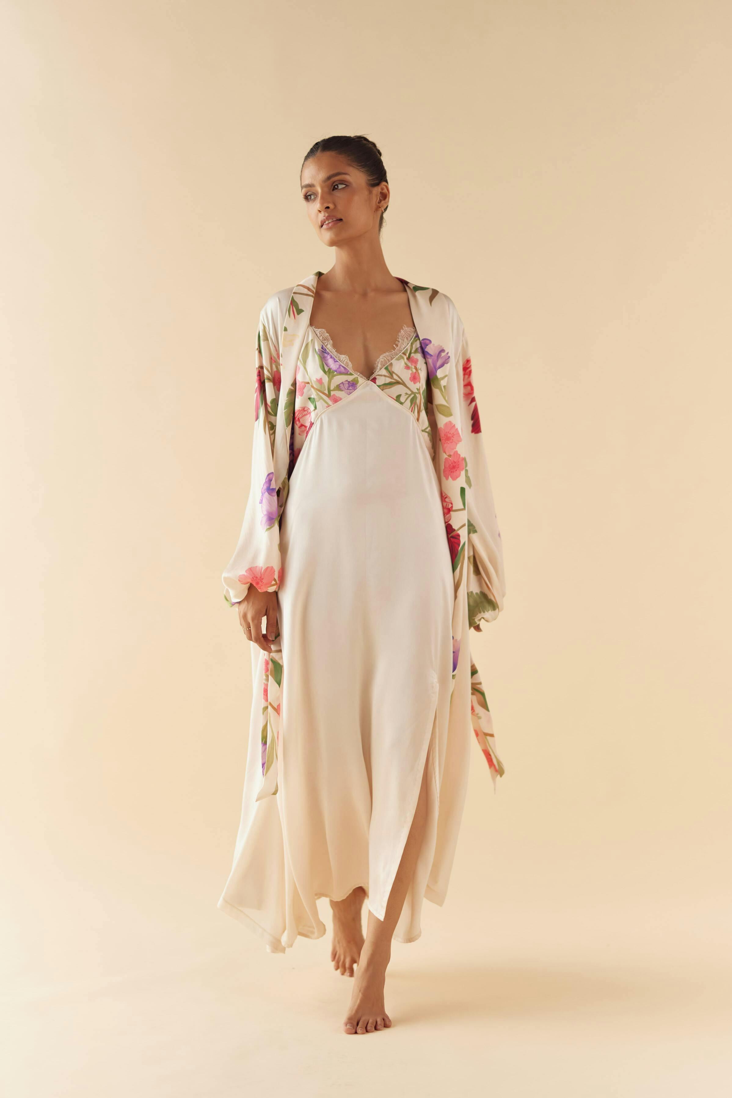 Thumbnail preview #1 for Floral Dream Silk Robe & Slip Set - Full Length