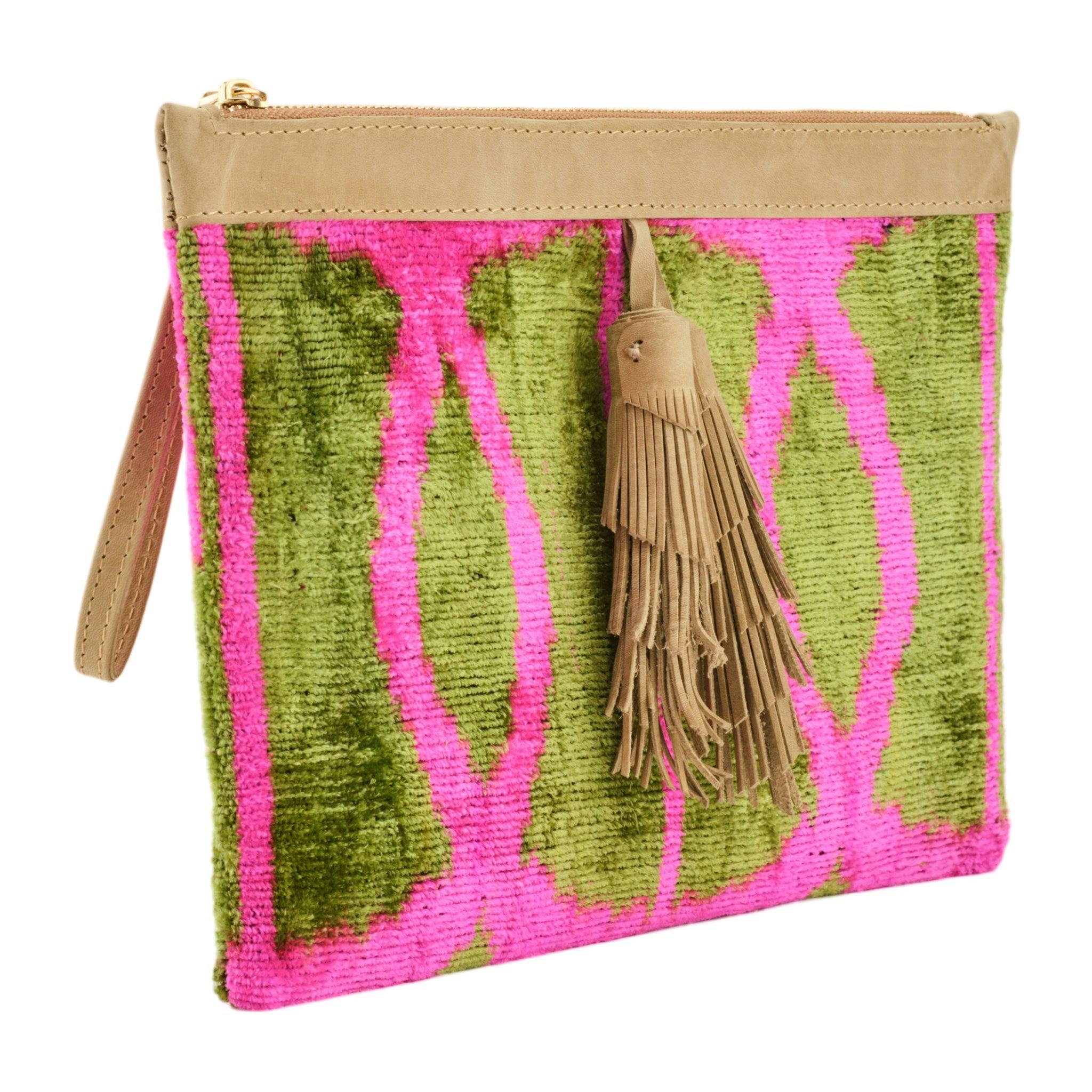 Thumbnail preview #2 for Green & Pink Flat Clutch With Tassel