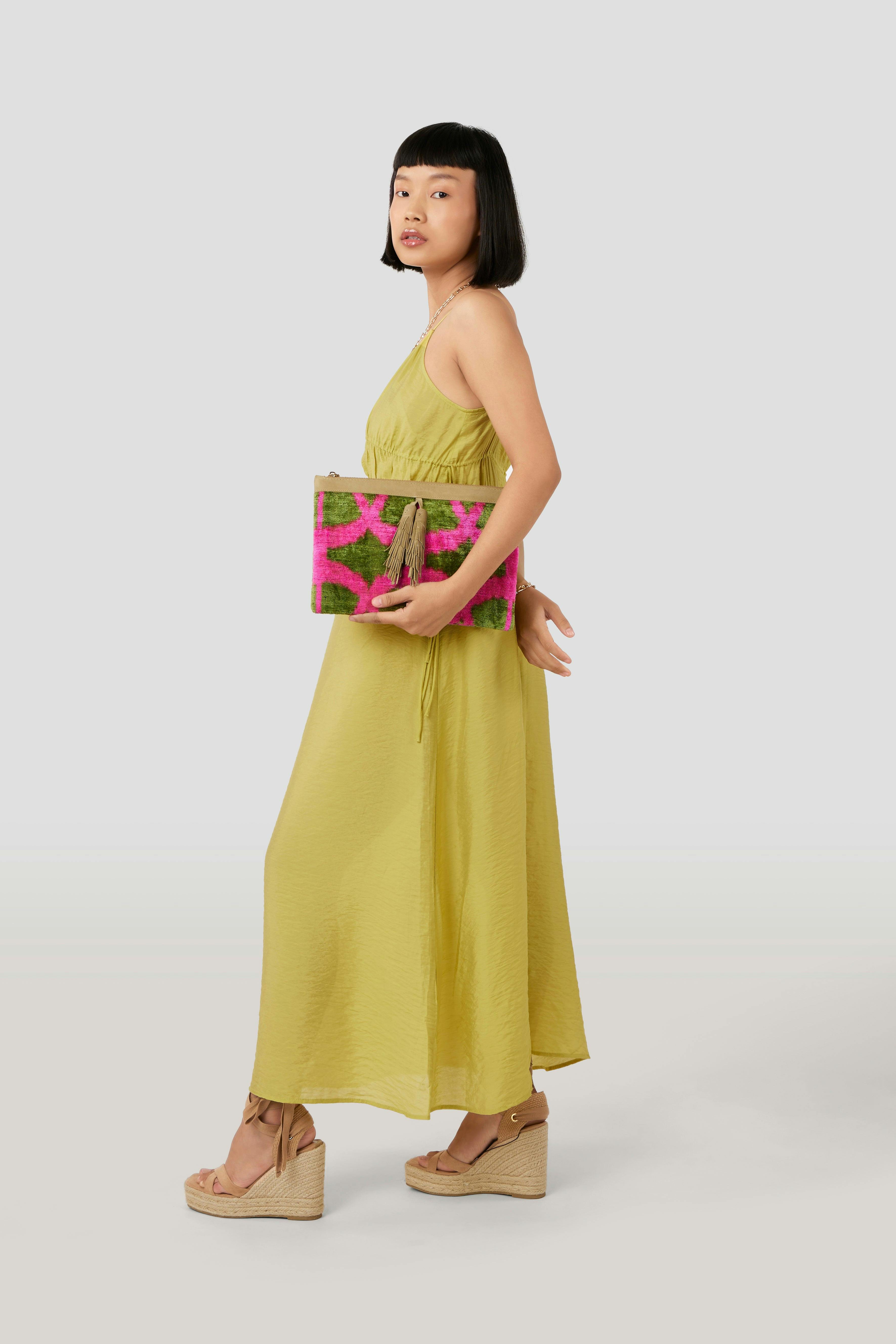Green & Pink Flat Clutch With Tassel, a product by JENA
