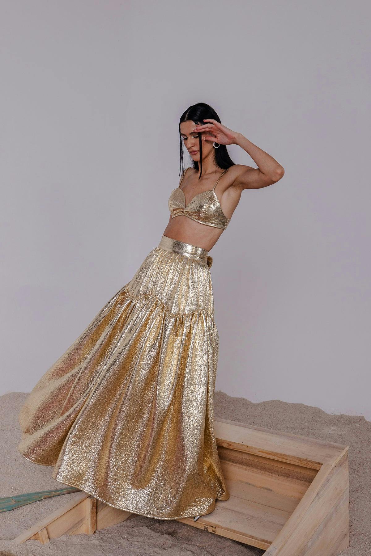 Thumbnail preview #1 for CAIA GOLD METALLIC BRALETTE & LONG SKIRT