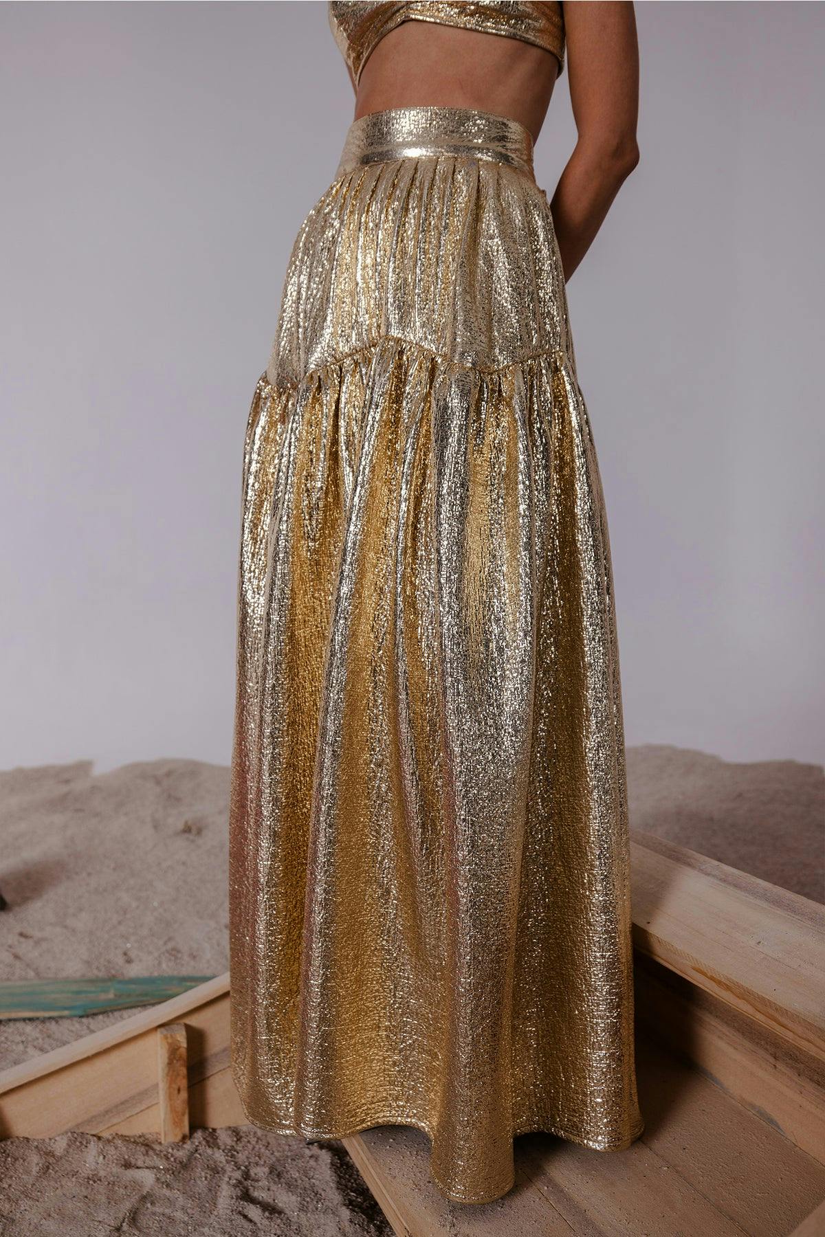 Thumbnail preview #2 for CAIA GOLD METALLIC BRALETTE & LONG SKIRT